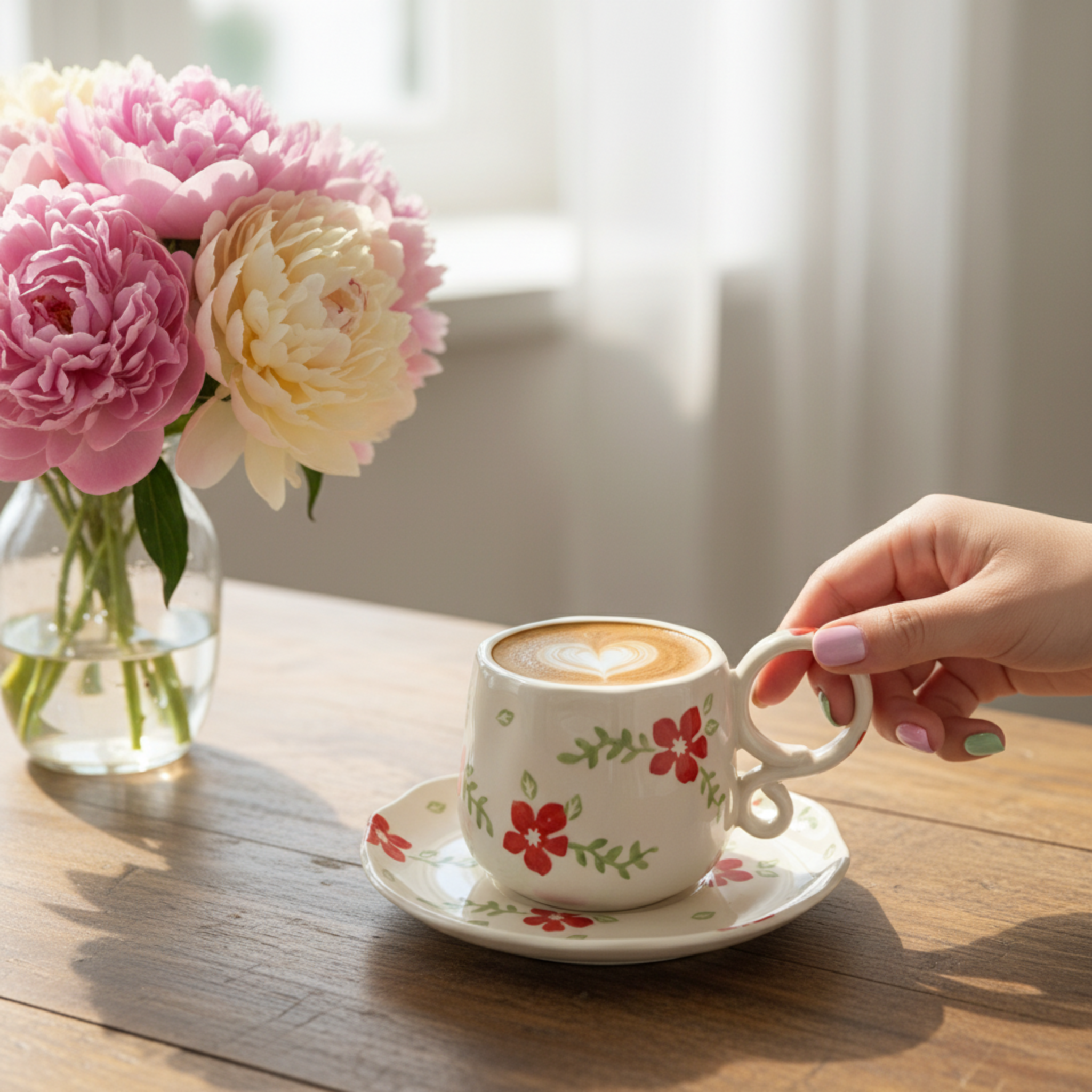 Tasse à Café en Céramique Motif Fleurs Rouges & Soucoupe – Design Chic