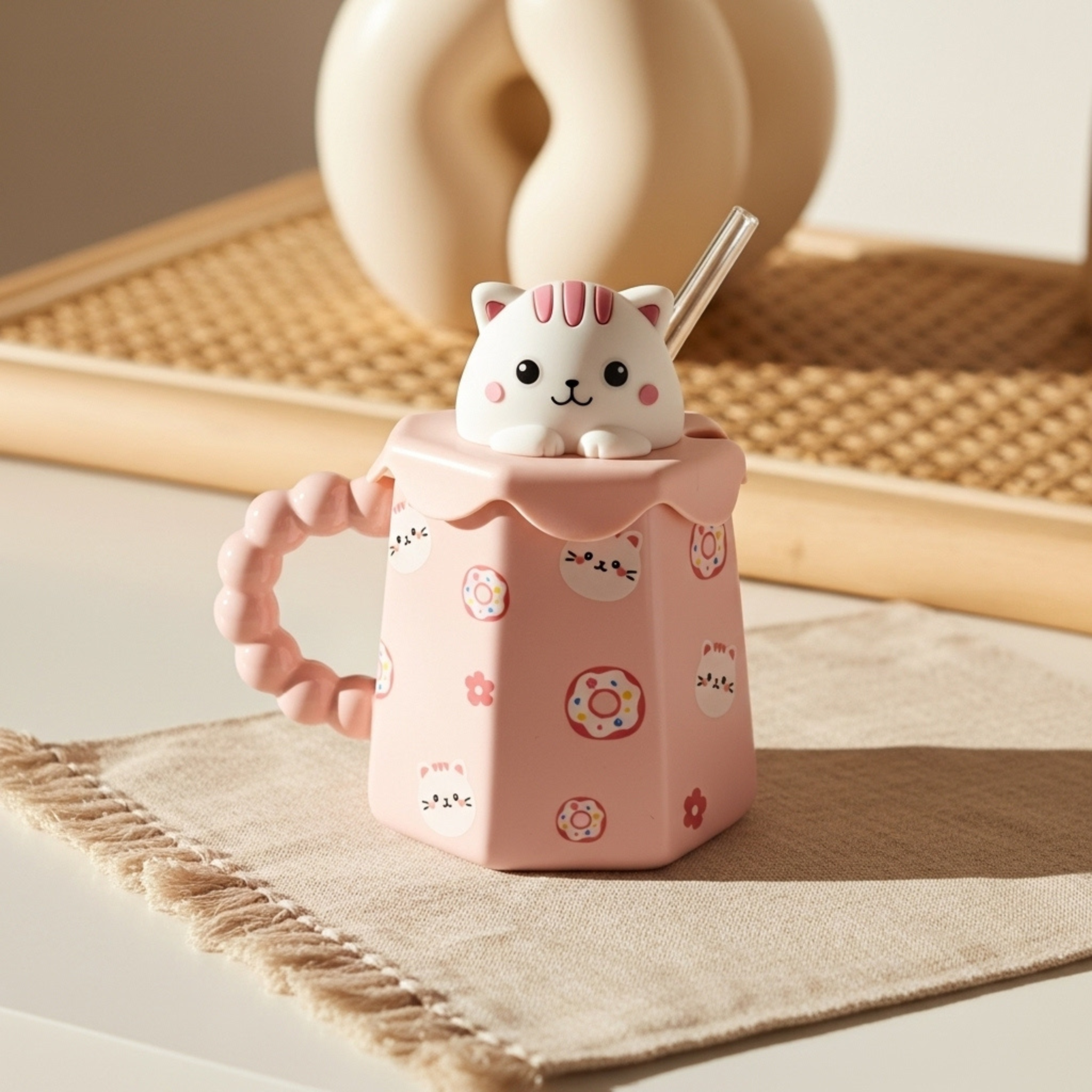 Mug Chat Rose avec Paille – Couvercle 3D & Poignée Perlée