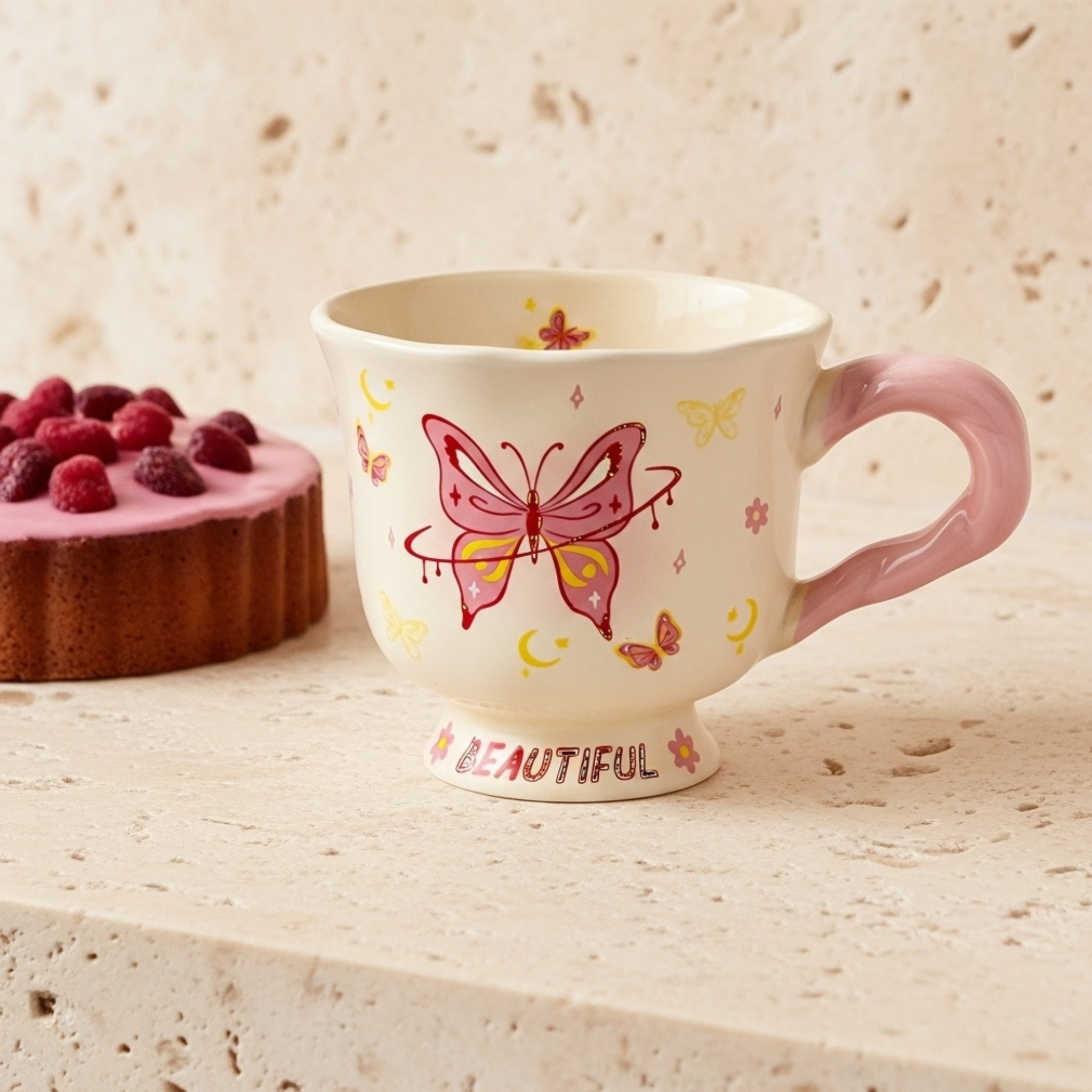 Mug papillon rose “Beautiful” – Céramique base évasée | Fiolla Home