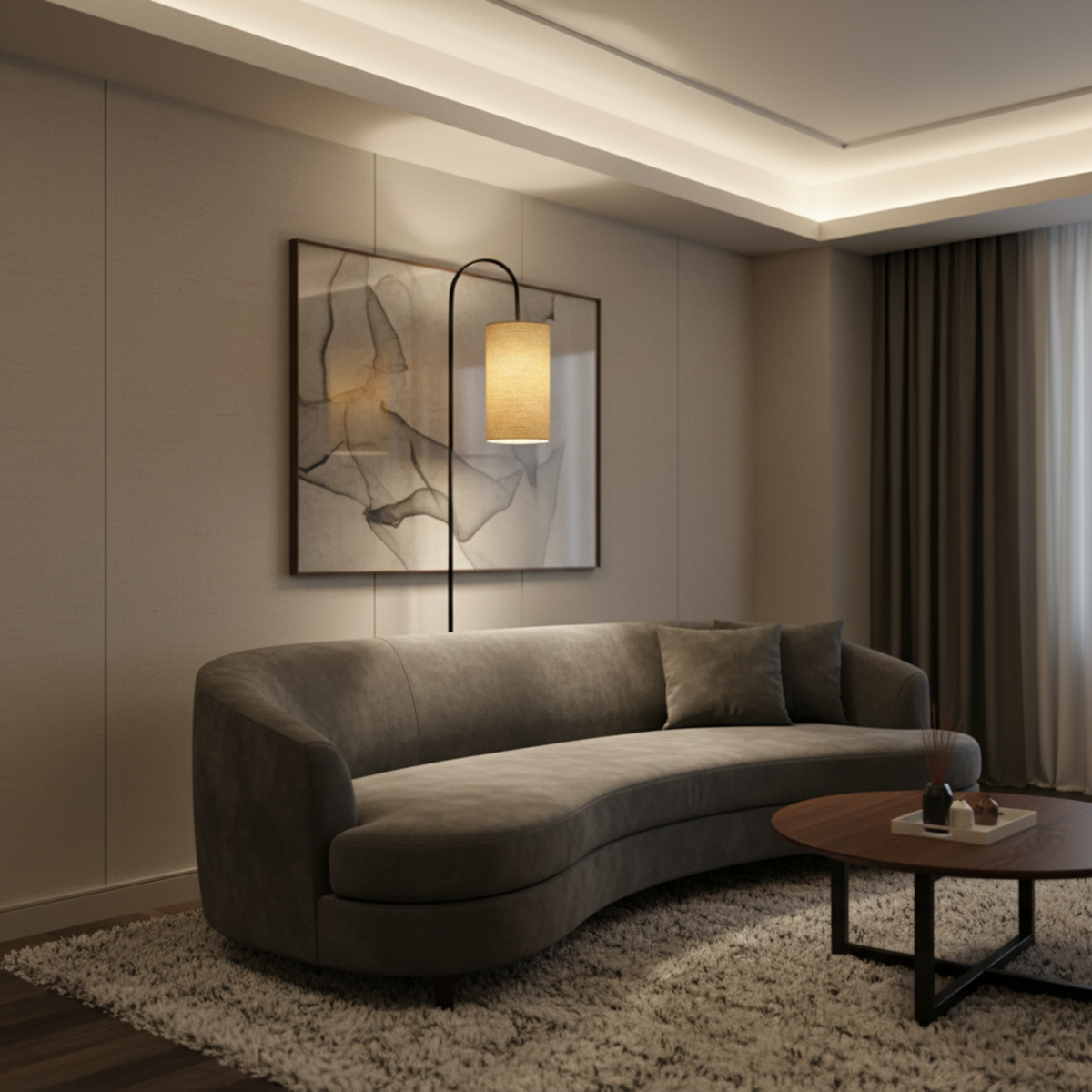 Lampadaire Arc Métal Noir Abat-Jour Lin Beige Design | Fiolla Home