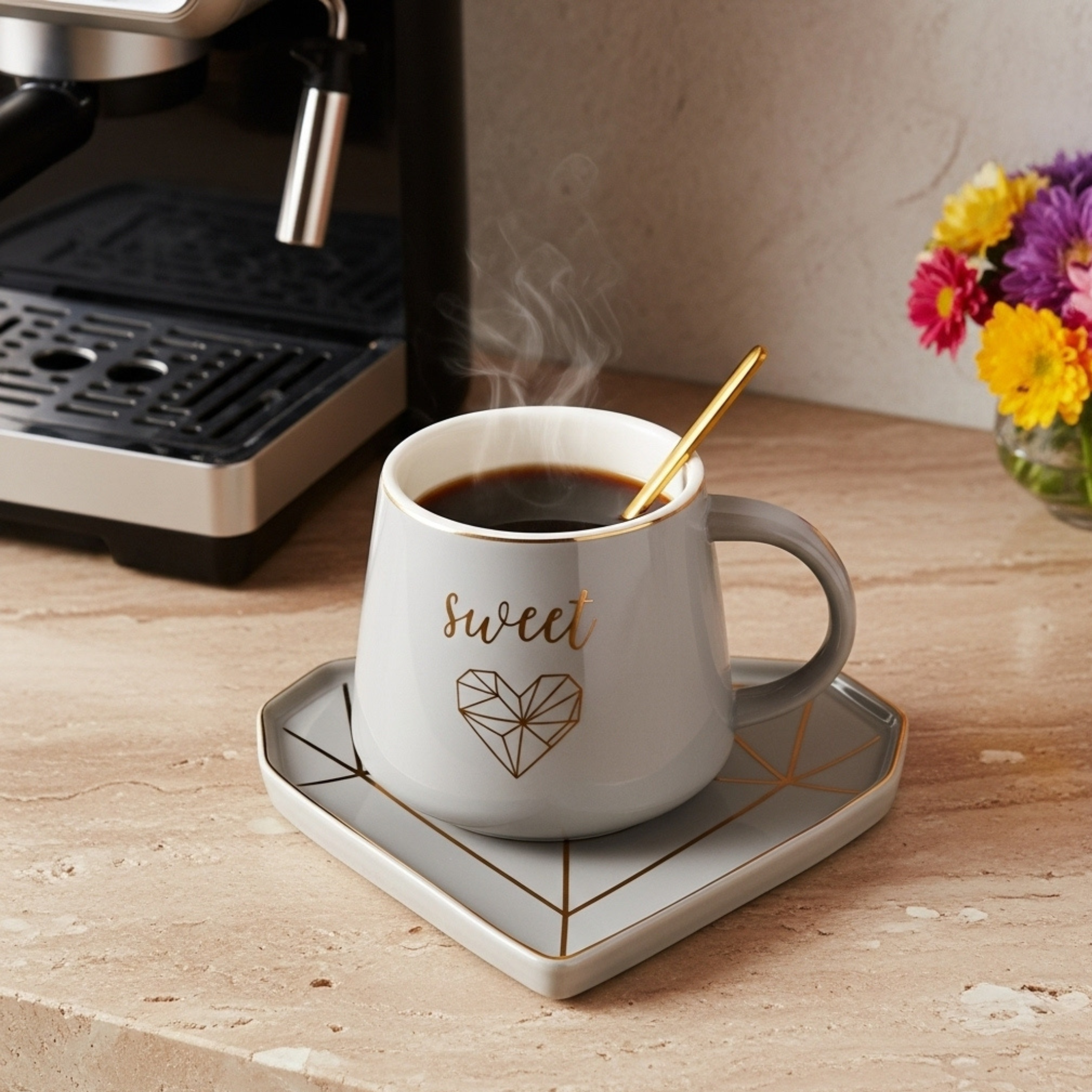 Mug Sweet en Céramique – Avec Cuillère et Sous-Tasse Dorée