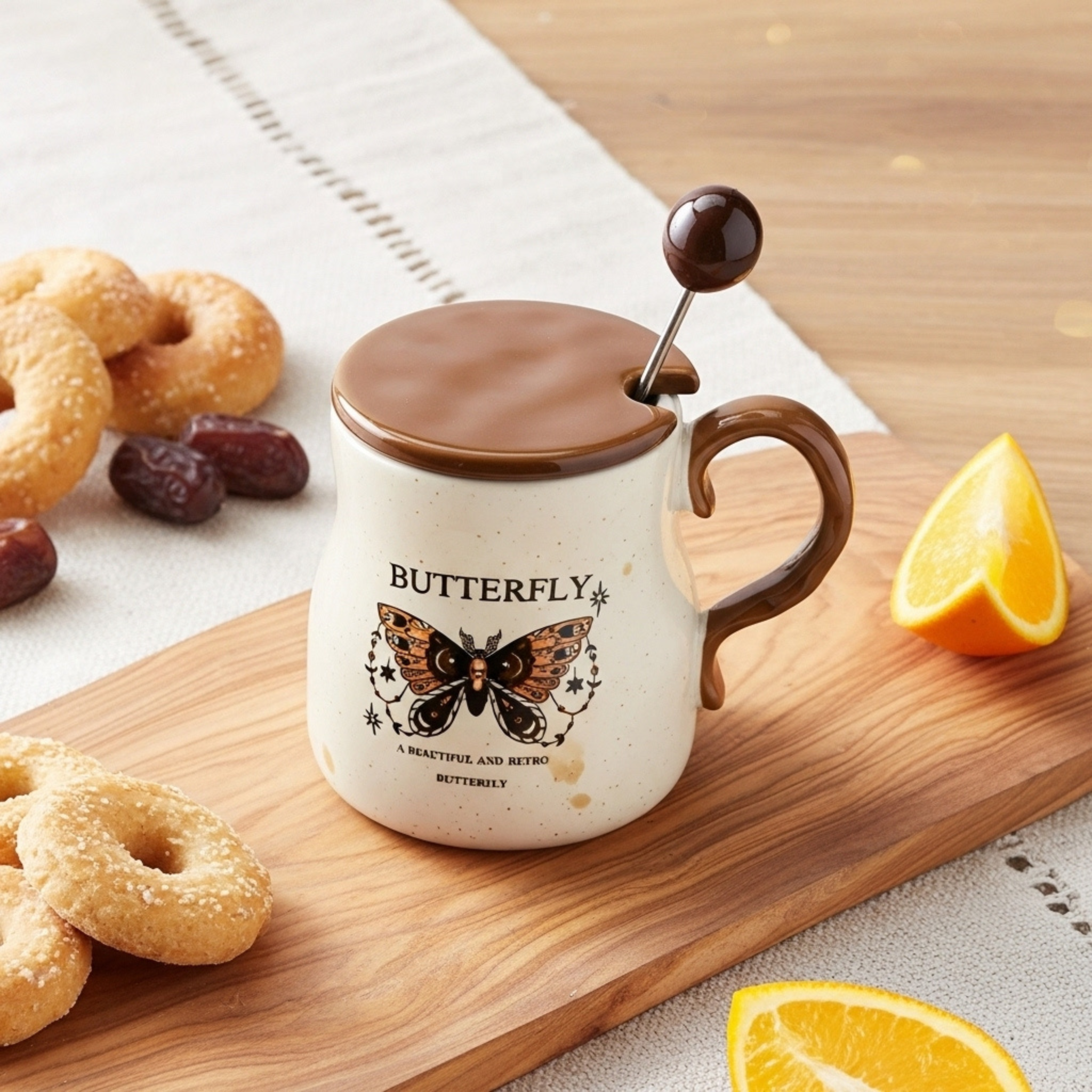 Mug Butterfly Rétro en Céramique – Couvercle & Cuillère