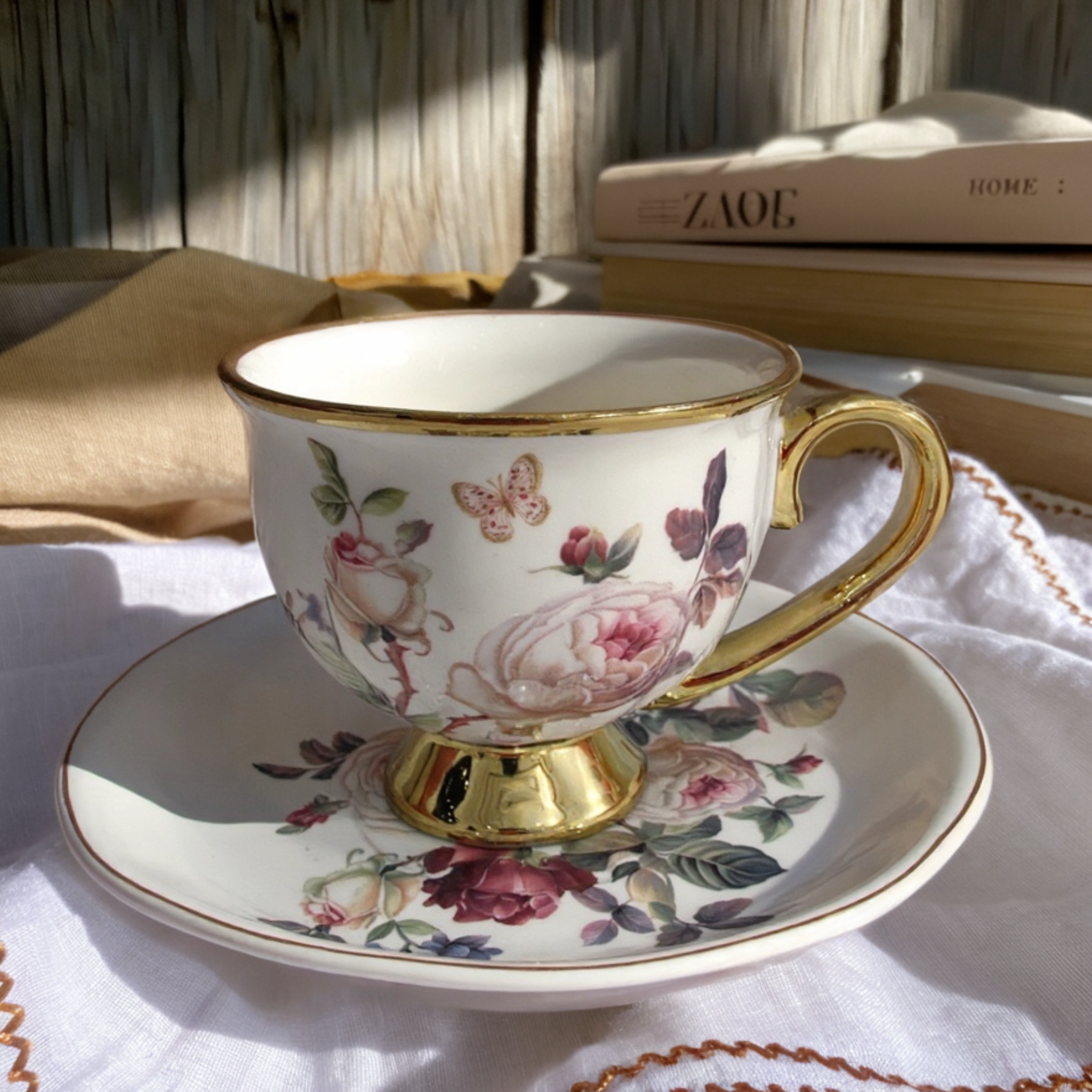 Service Café au Lait en Porcelaine Fleurie | Élégance Dorée | Fiolla Home