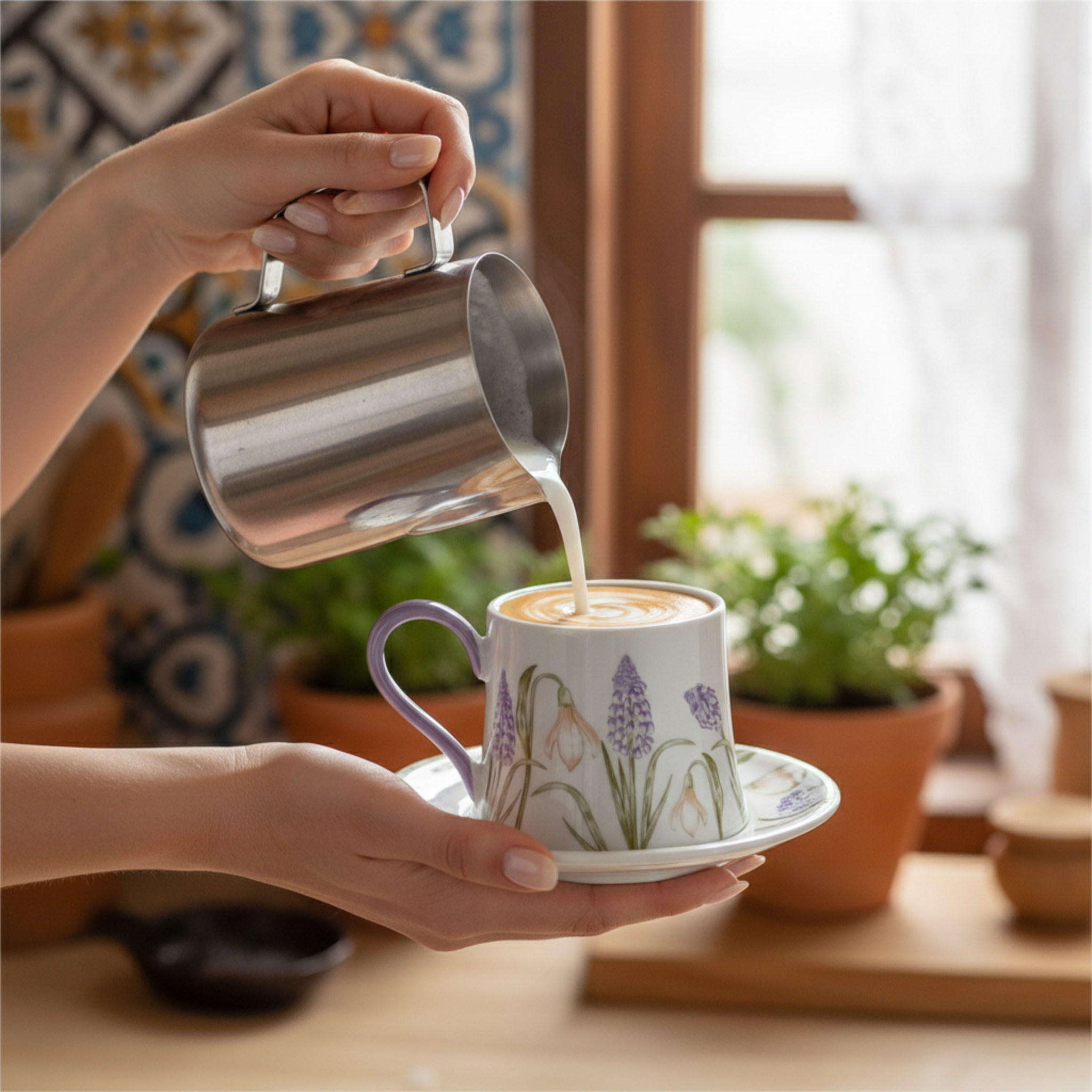 Mug Fleurs Lilas en Céramique avec Sous-Tasse – Style Élégant