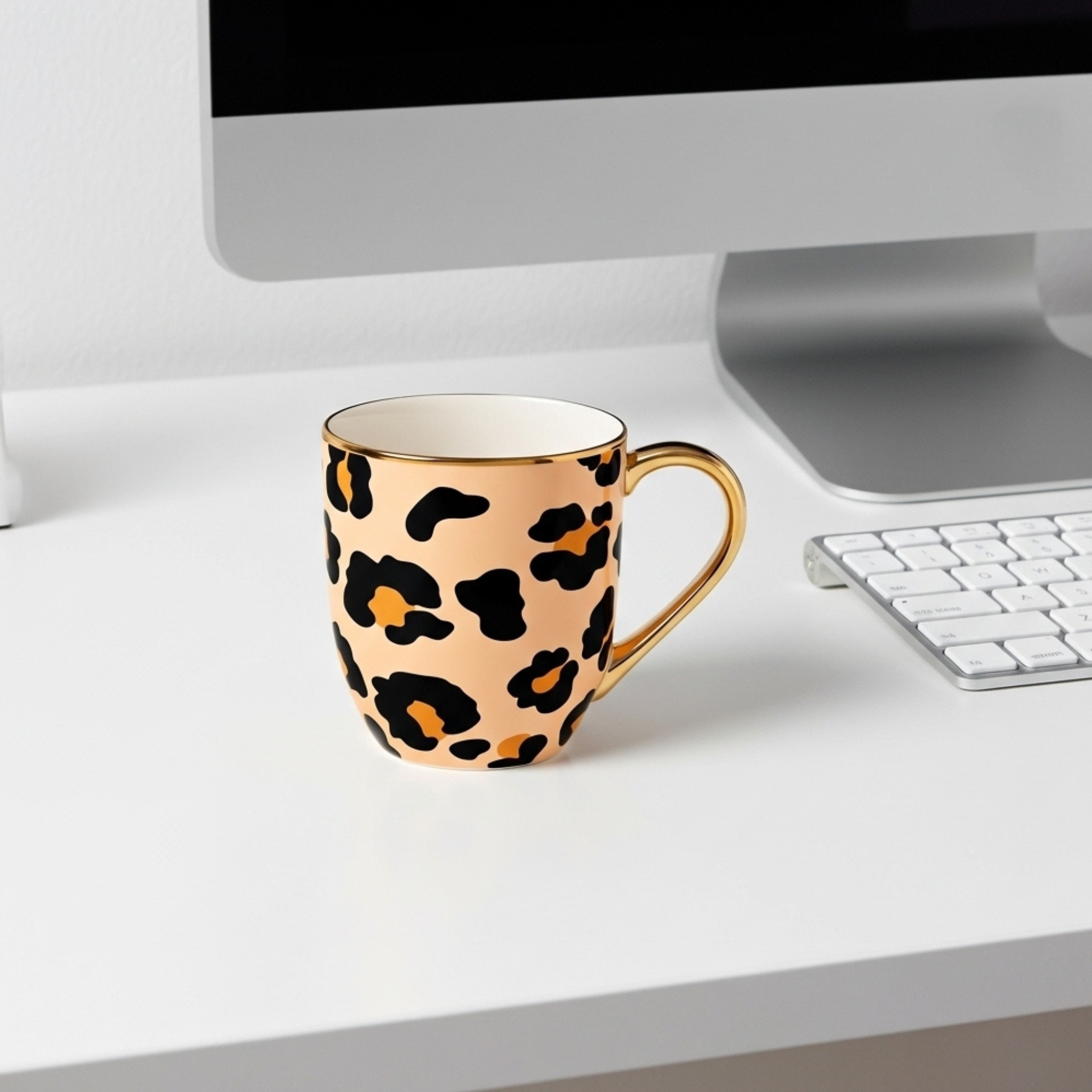 Mug Léopard en Céramique – Bord et Anse Dorés