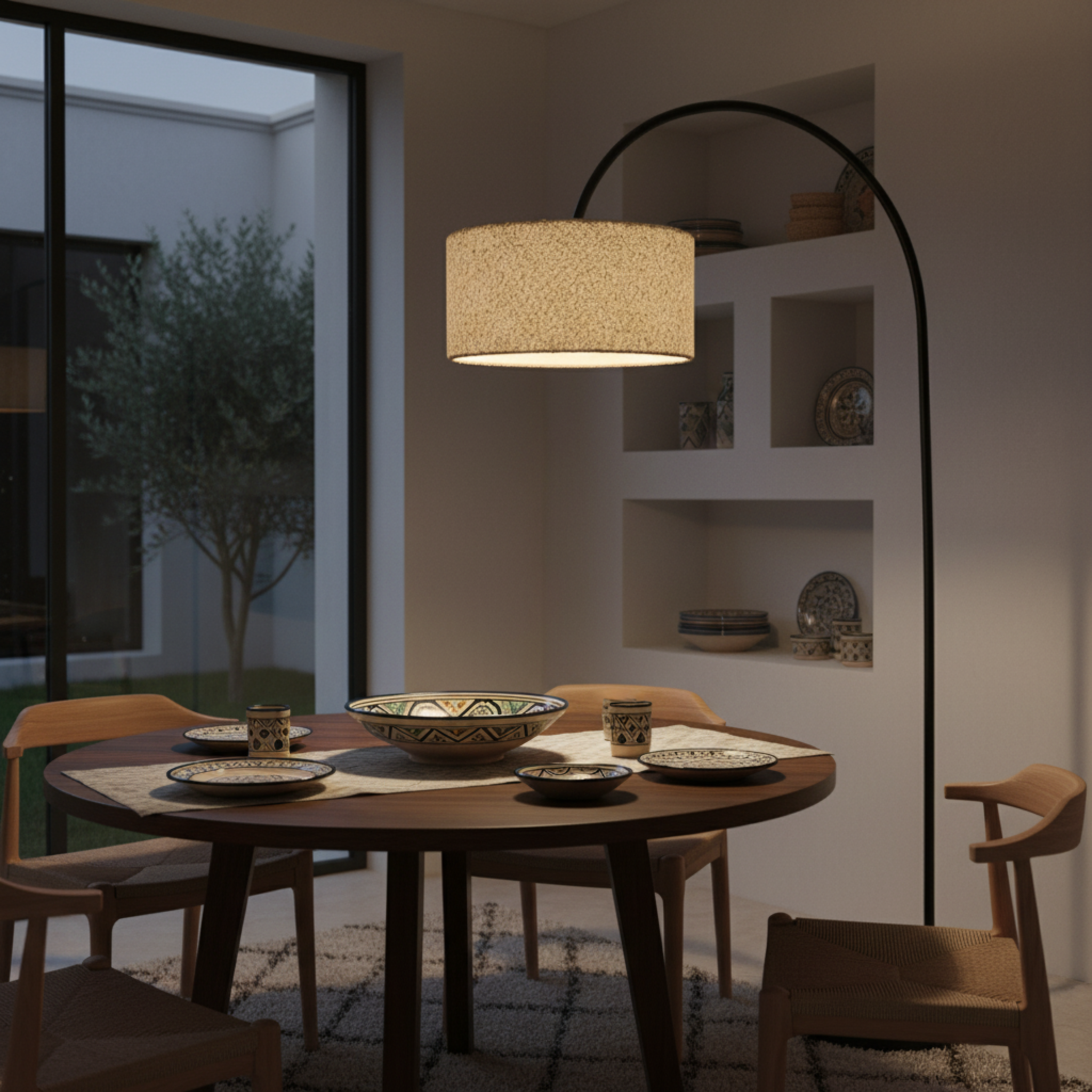 Lampadaire Girafe Design – Arc Métal & Abat-Jour Tissu Bouclette