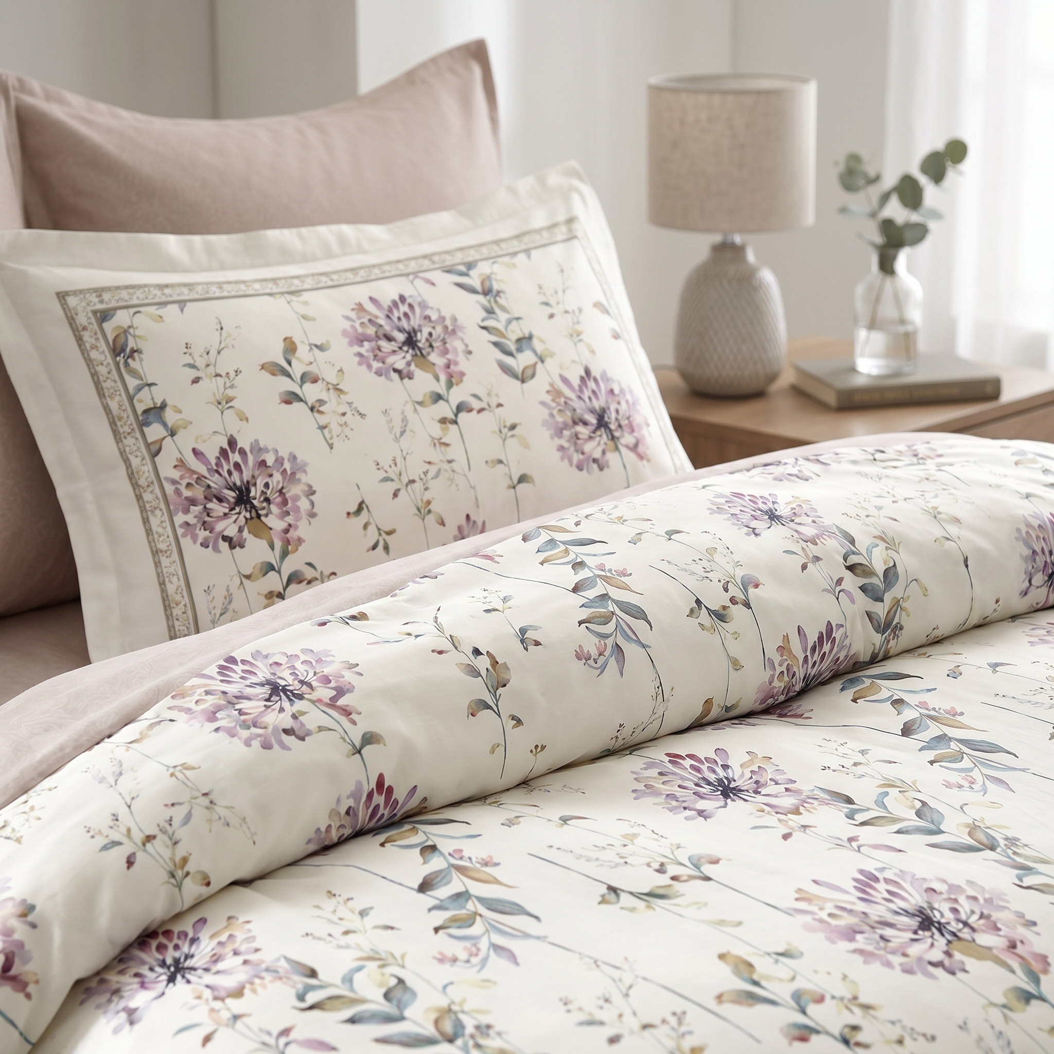 Ensemble Parure de Lit Satin Coton Floral Violet Aquarelle | Fiolla Home