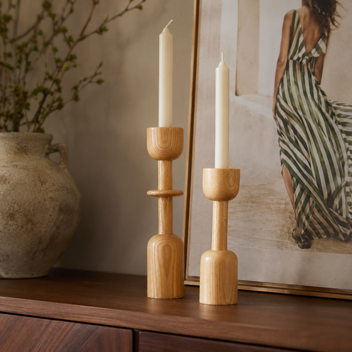 Lot 2 Bougeoirs Bois Tunisie | Porte-Bougies Clair Artisanal | Fiolla Home