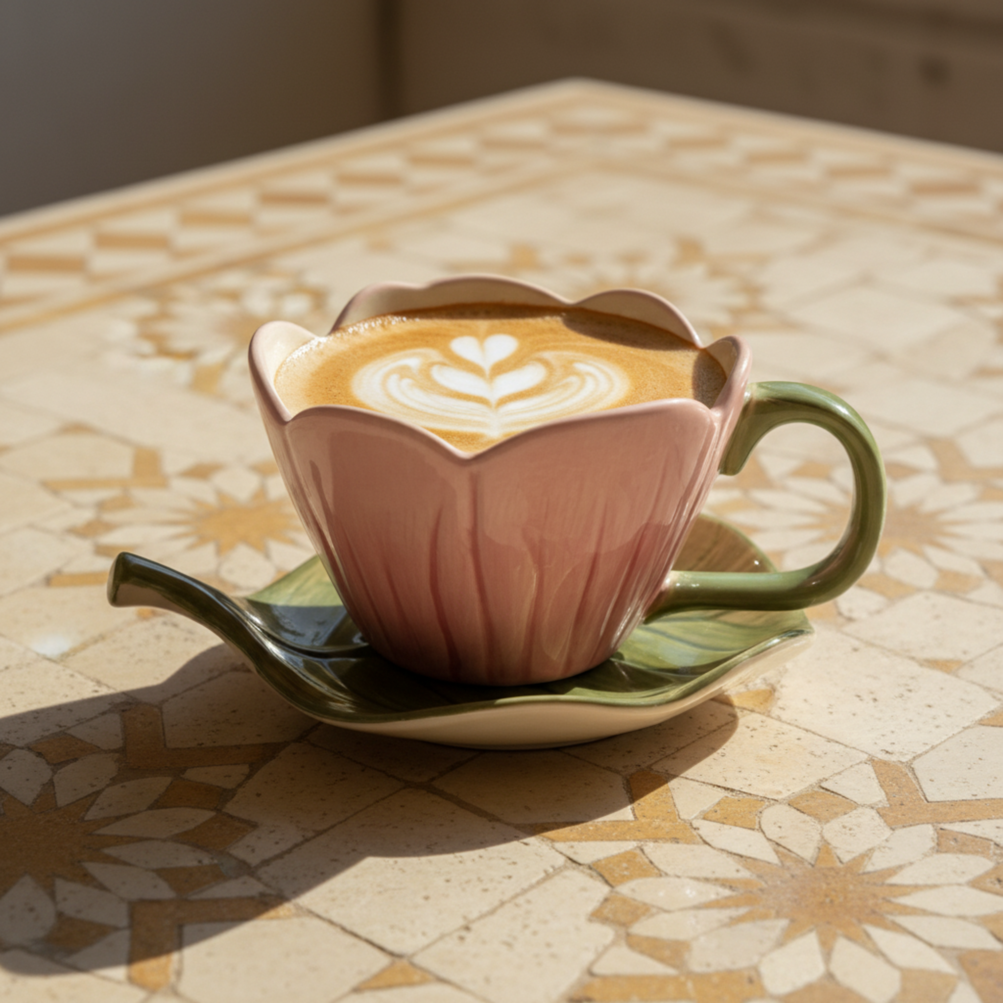 Mug Fleur Rose en Céramique avec Sous-Tasse Feuille – Style Bohème