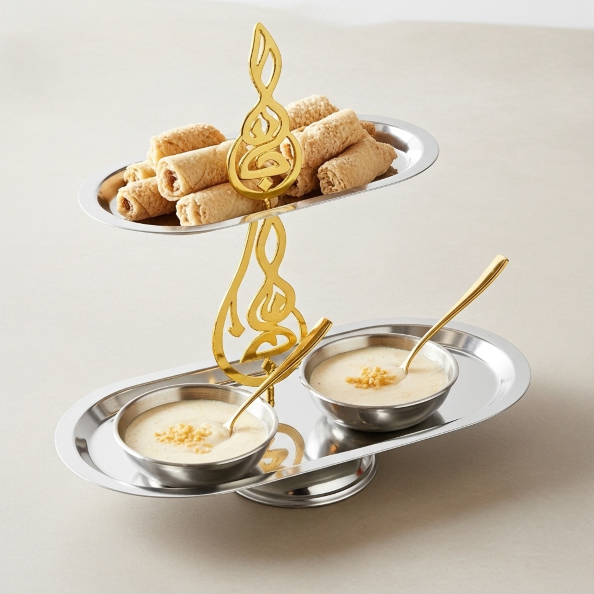 Présentoir Inox 2 Niveaux – Calligraphie Dorée | Fiolla Home Tunisie