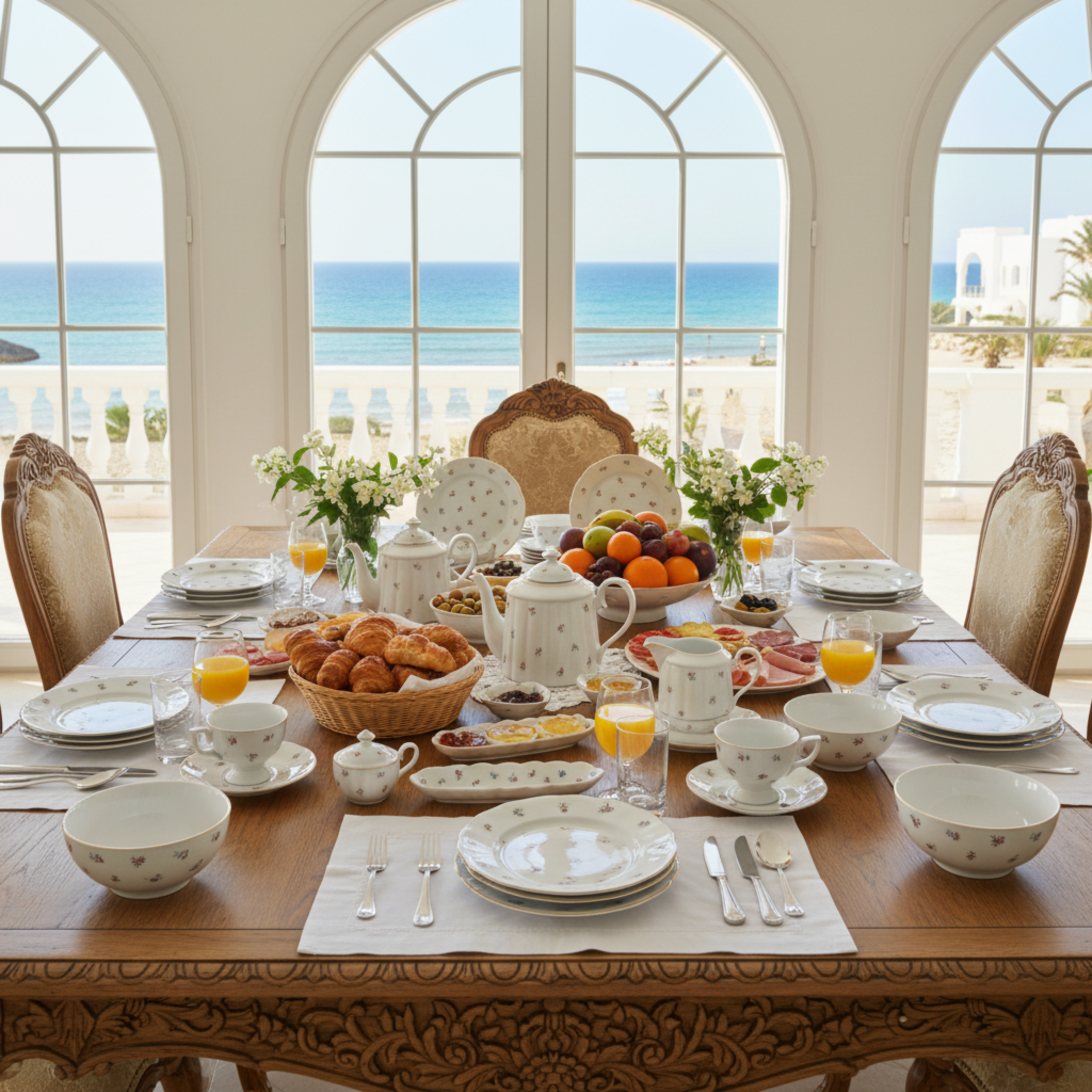 Service Petit Déjeuner 29 Pièces - Porcelaine Motif Floral & Or