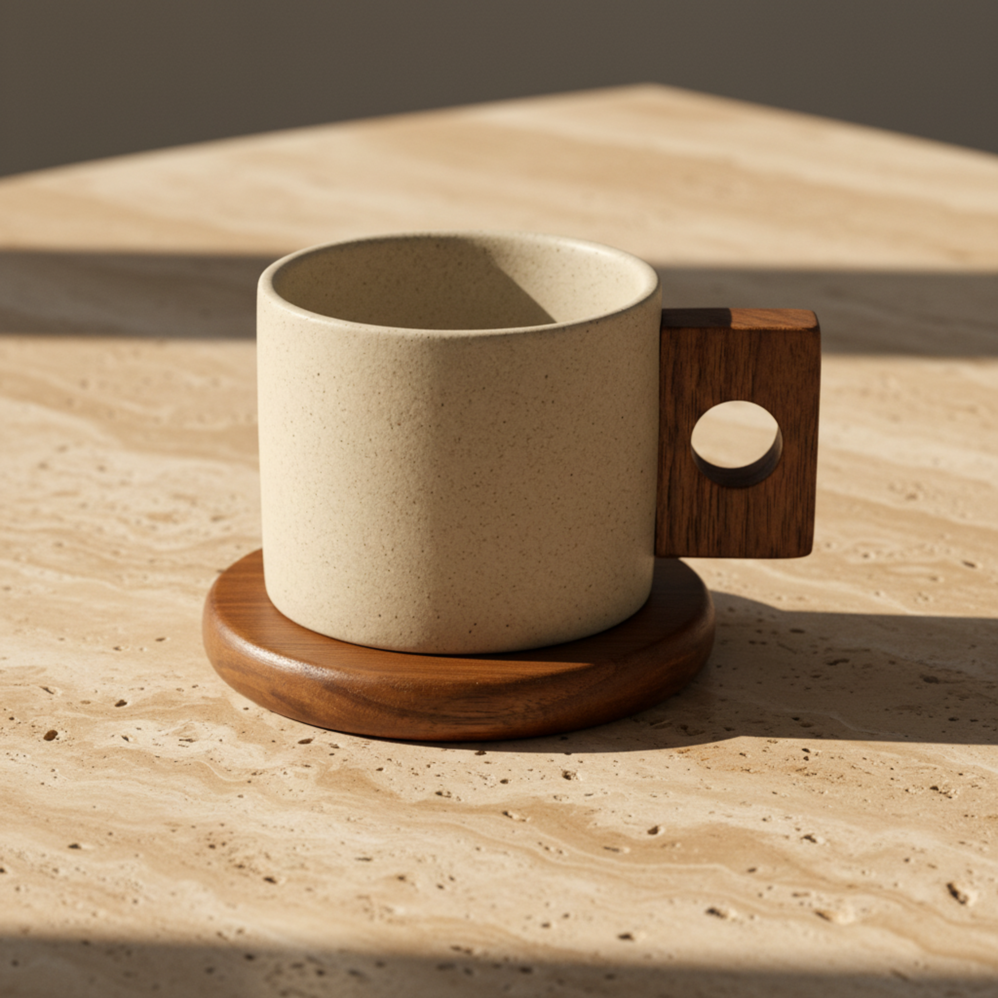 Mug Design Minimaliste en Céramique avec Anse Bois – Style Premium Tunisie