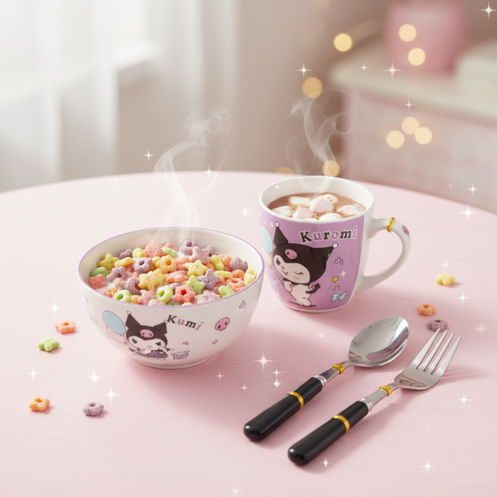 Coffret Petit Déjeuner Kuromi 4 Pièces : Tasse, Bol & Couverts