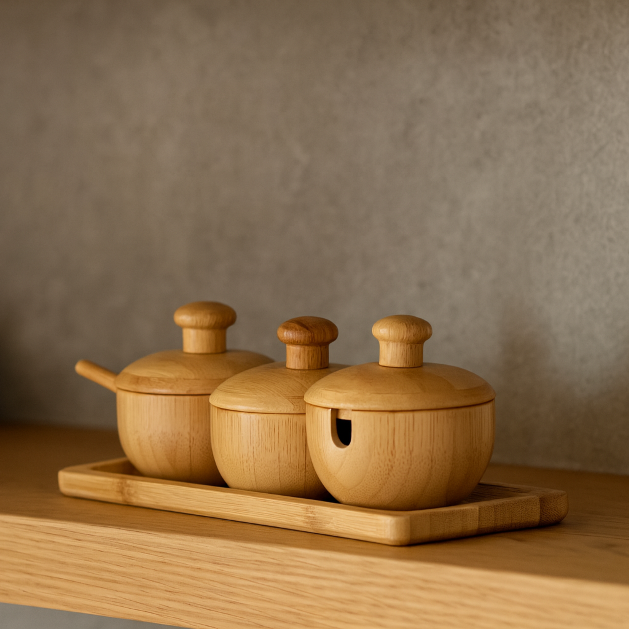 Trio de pots à épices en bambou | Cuillères et plateau | Fiolla Home