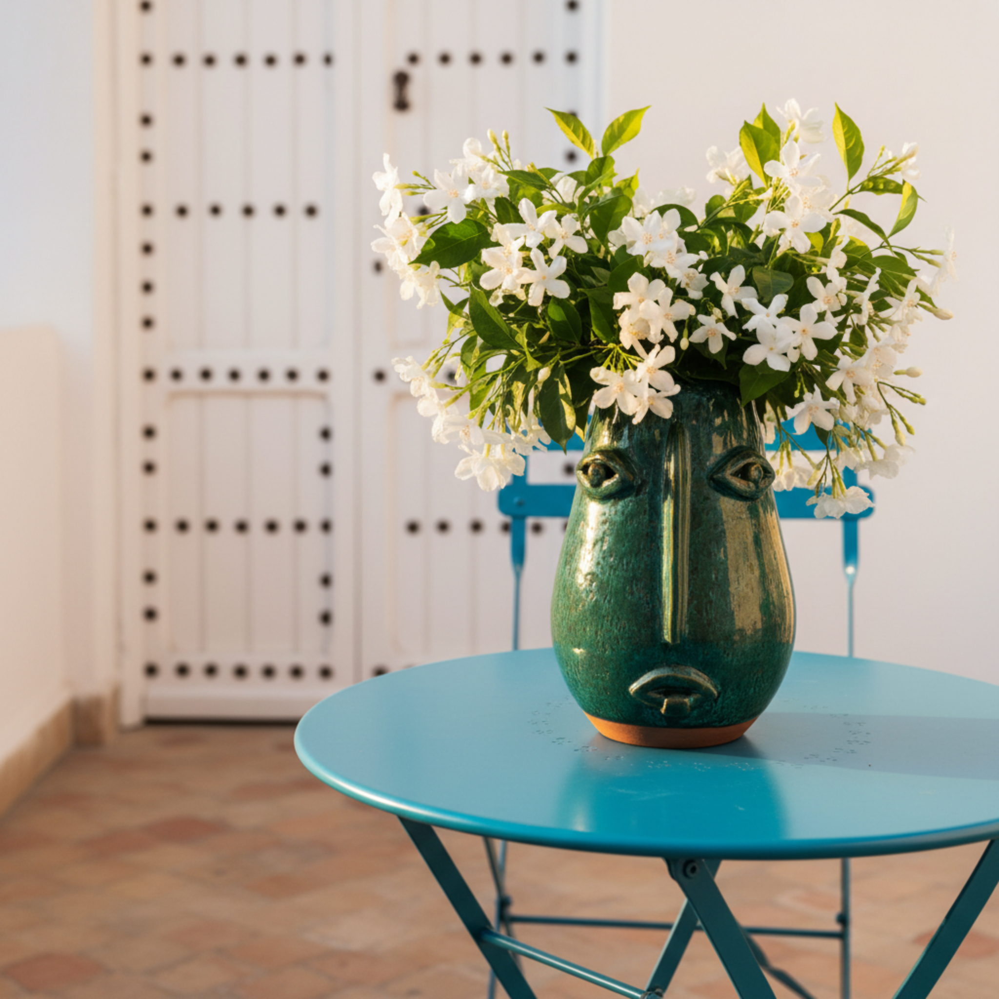 Vase Visage en Céramique Émaillée – Vert Émeraude, style tunisien