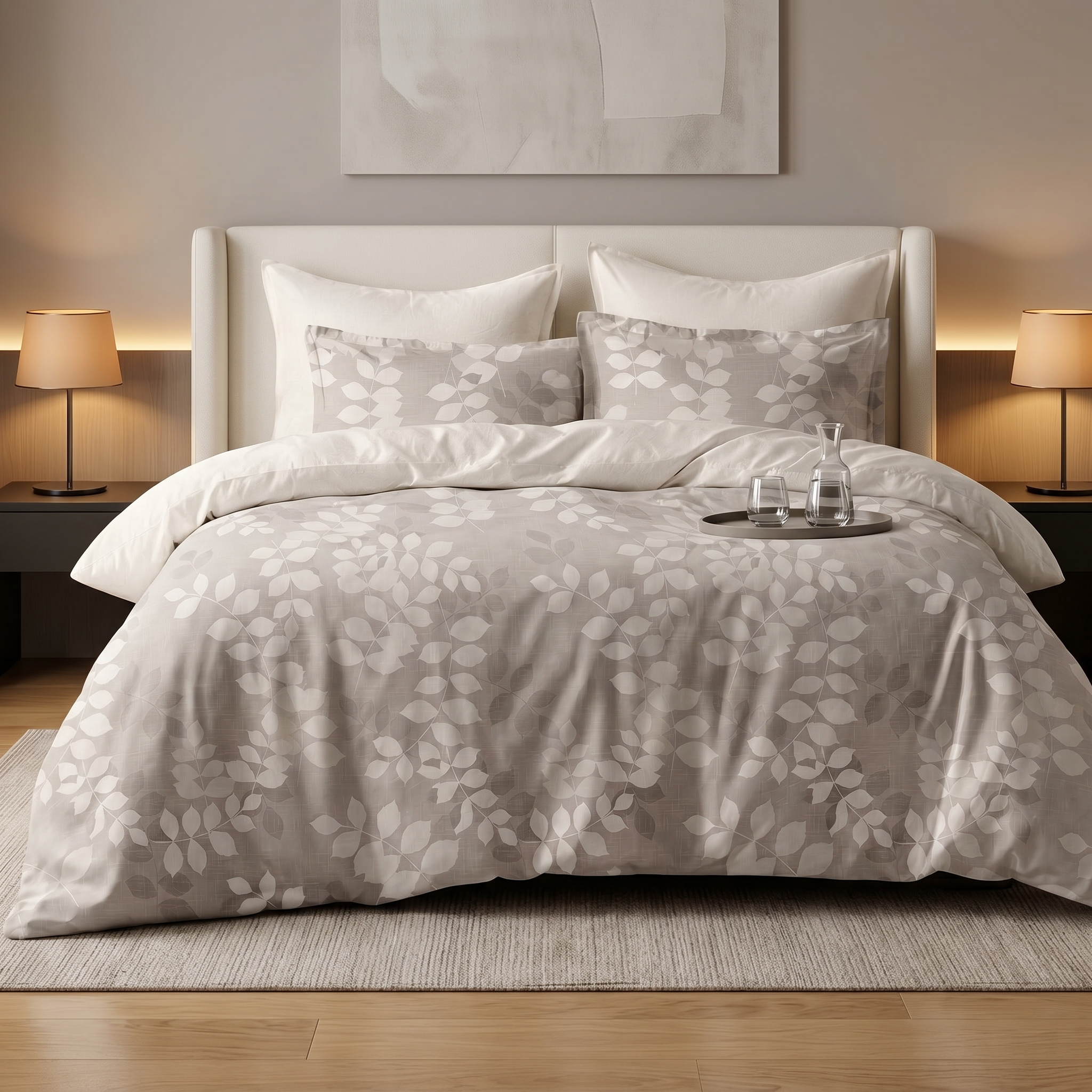Ensemble Parure de Lit Satin Coton Motif Feuillage Beige | Fiolla Home