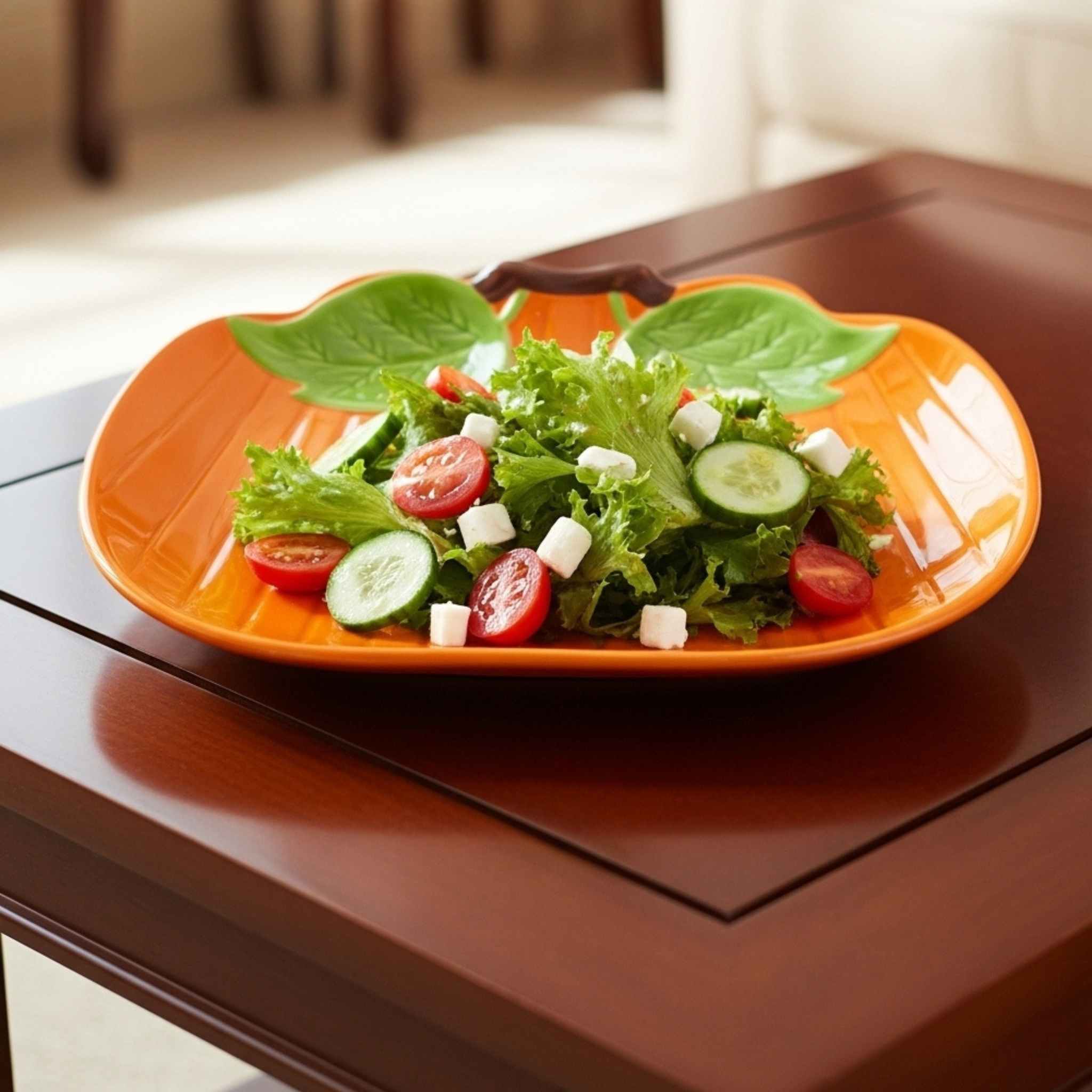 Assiette Citrouille en Céramique – Feuilles Vertes