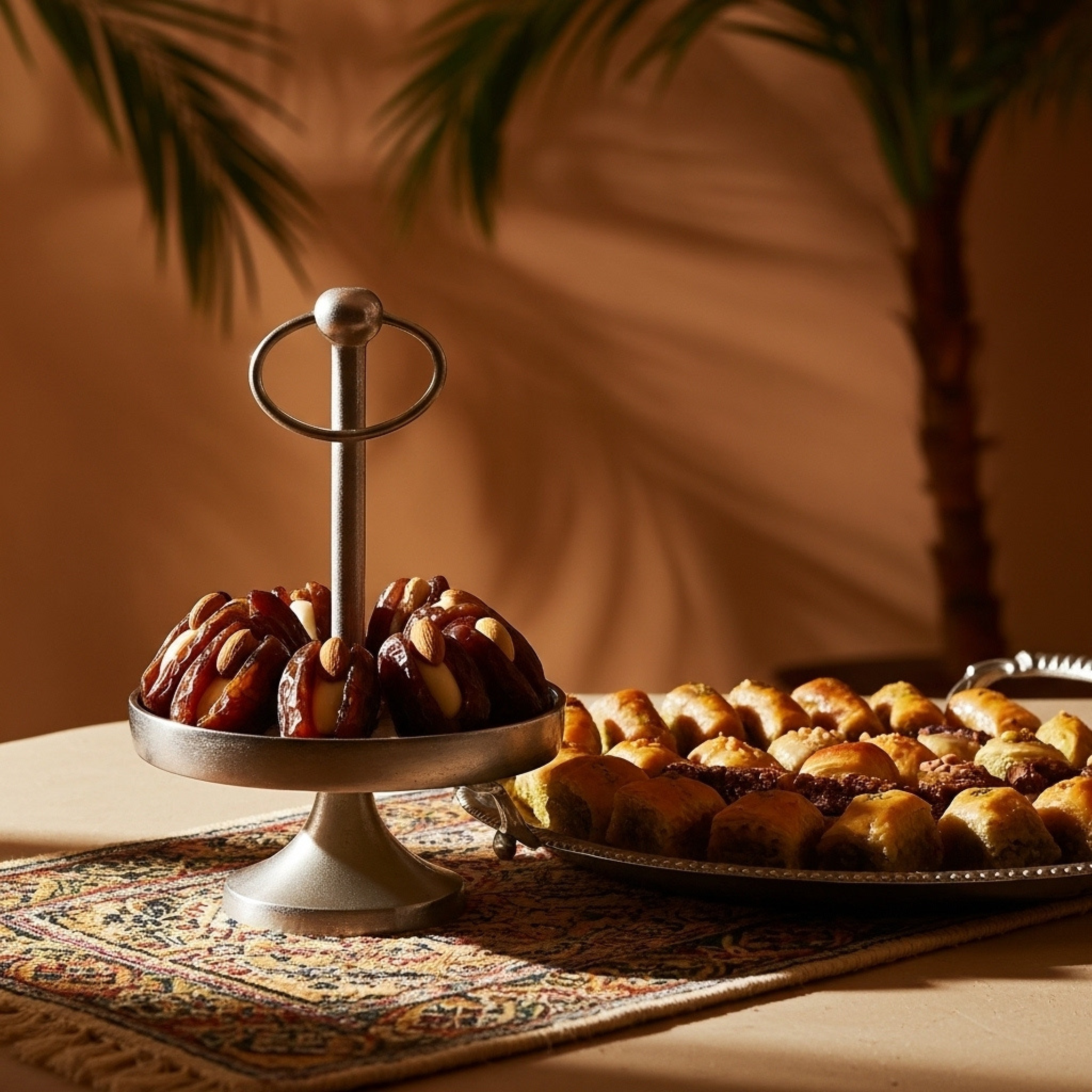 Présentoir en cuivre indien – Plateau sur pied avec anse