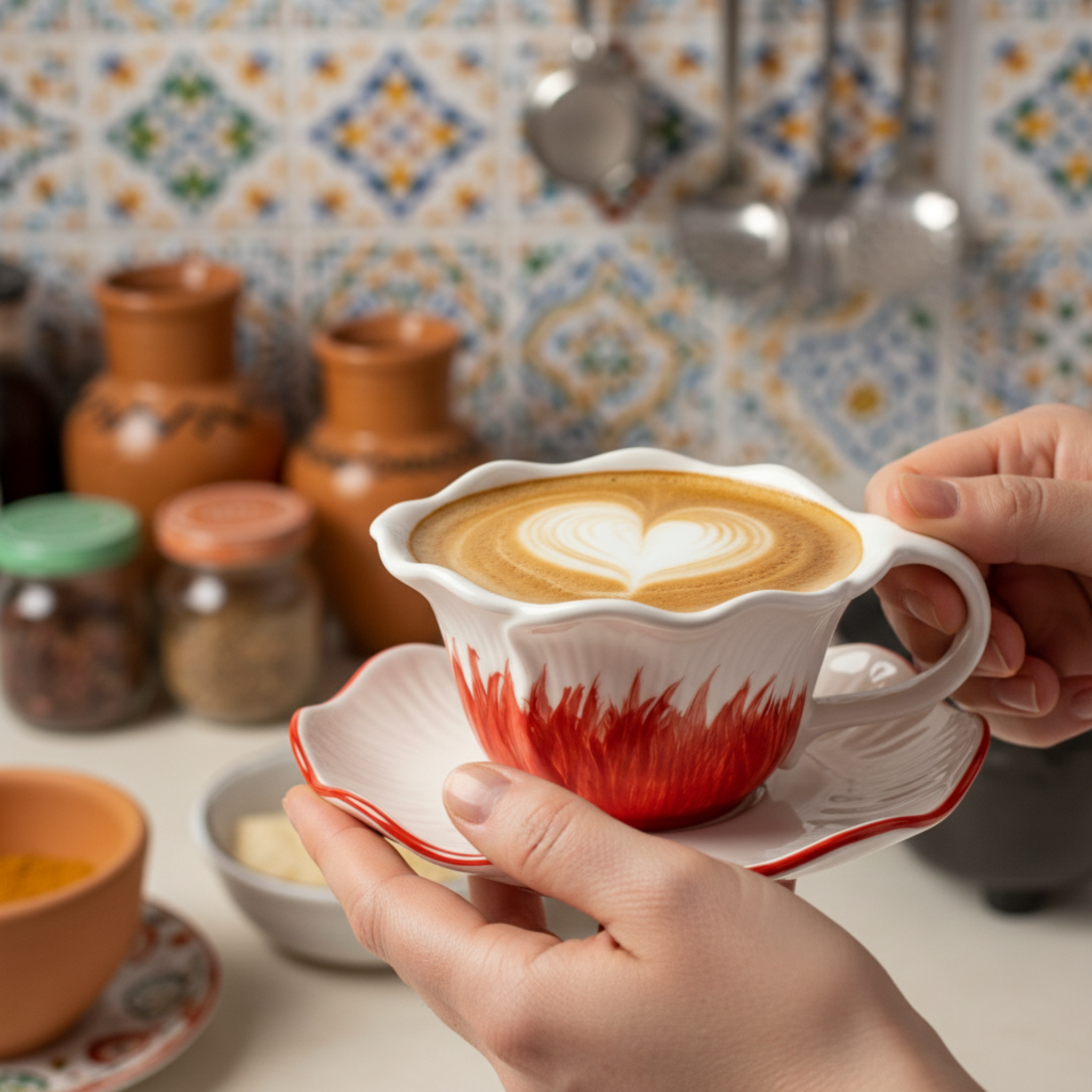 Tasse à Café Design "Pétale Rouge" en Céramique avec Soucoupe