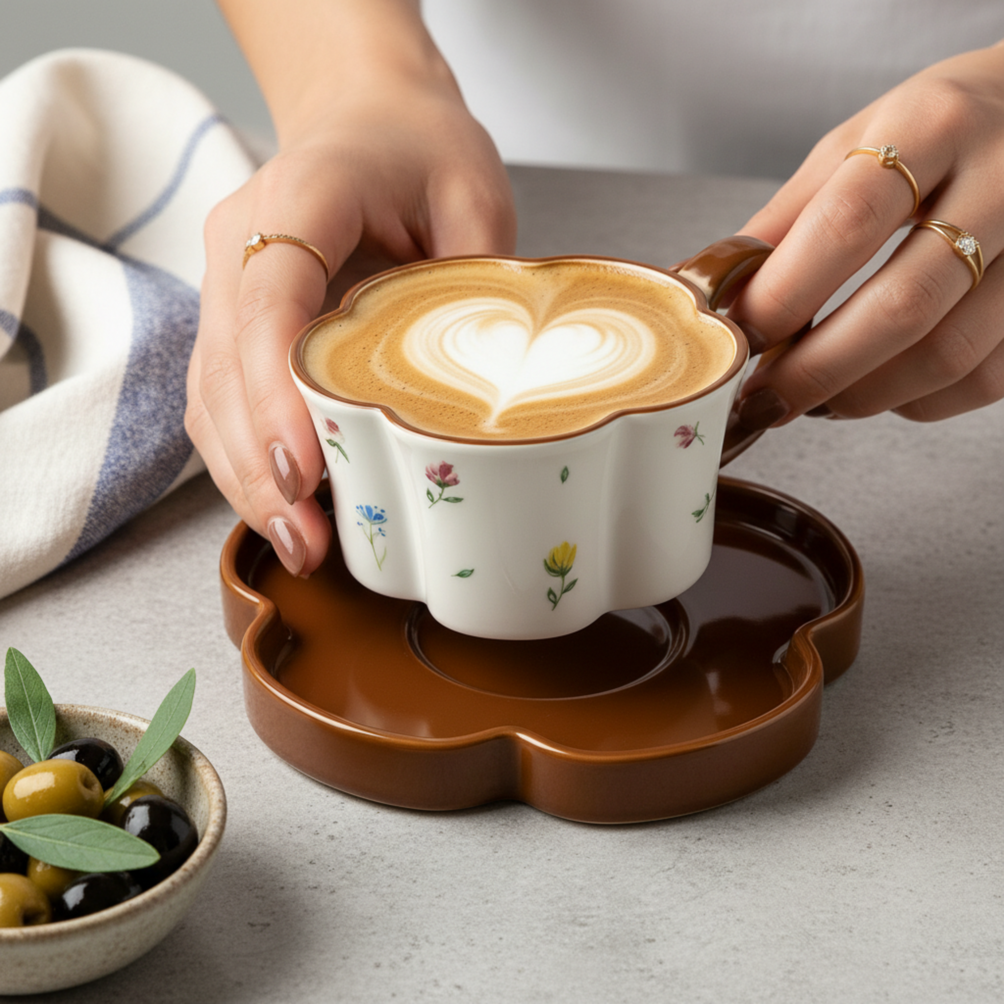 Tasse Fleur & Soucoupe Marron – Mug Cute Idée Cadeau Tunisie