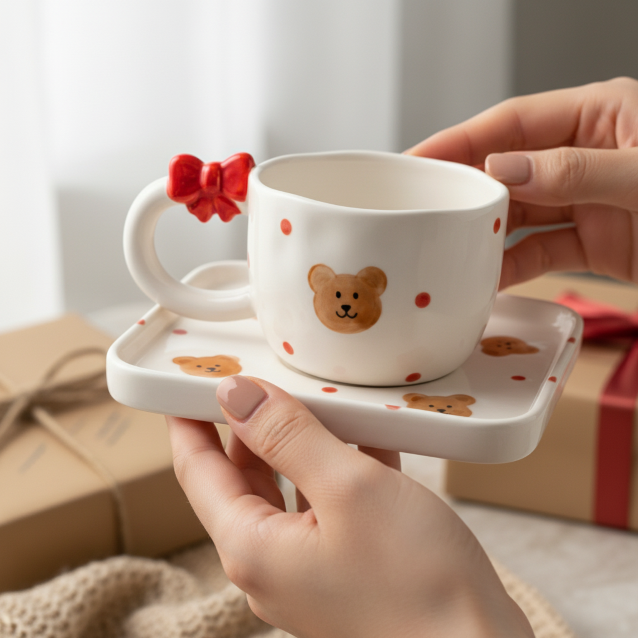 Ensemble Tasse & Soucoupe Ours "Teddy Bow" - Céramique Design & Mignonne