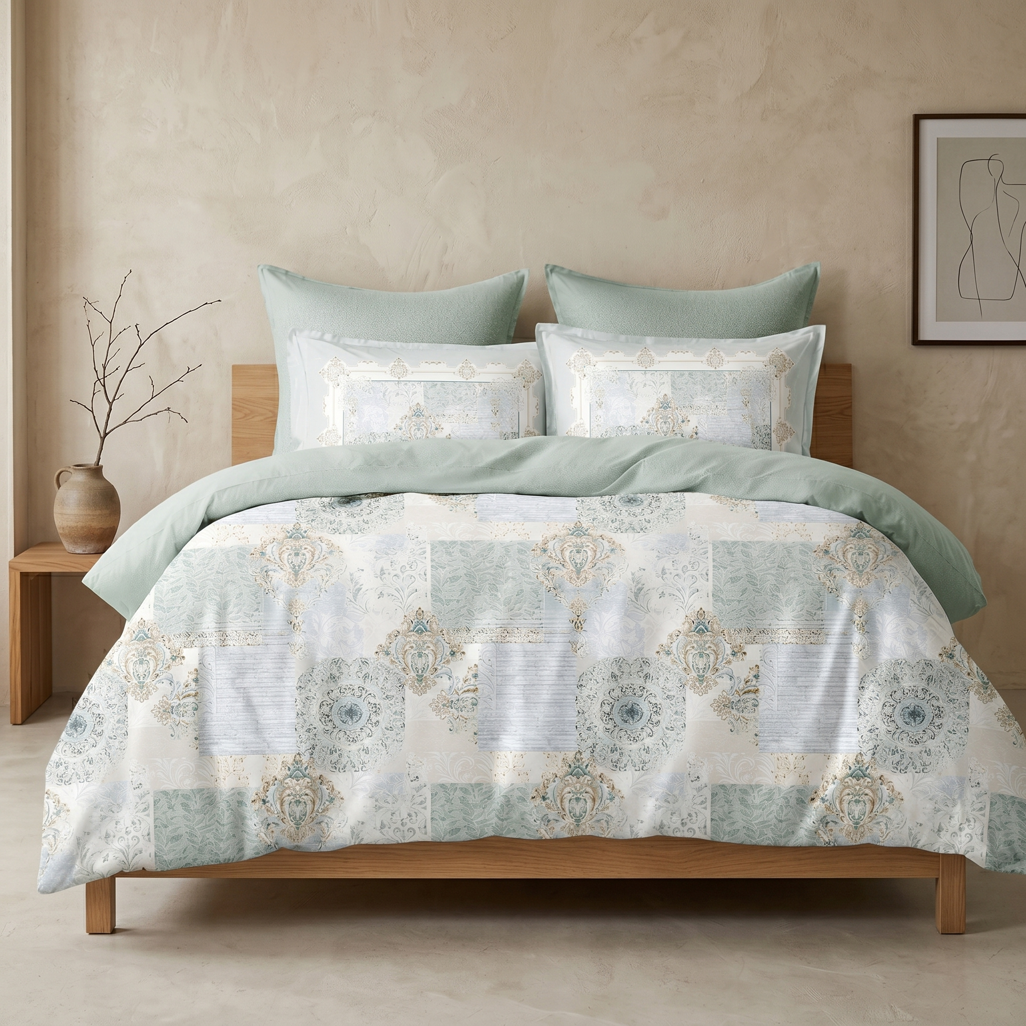 Ensemble Parure de Lit Satin Coton Patchwork Baroque Vert Sauge | Fiolla Home