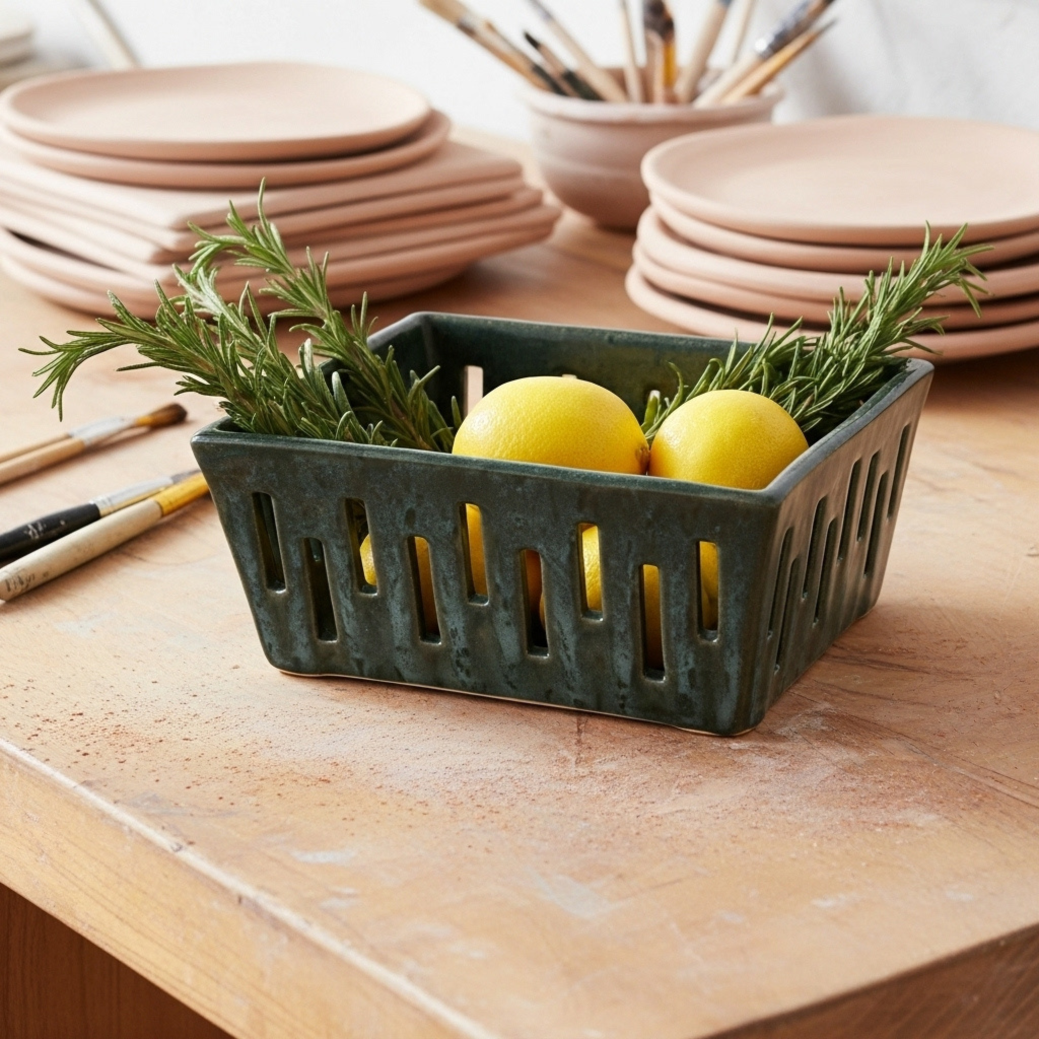 Panier de Cuisine en Céramique Carré – Inspiration Tunisienne Authentique