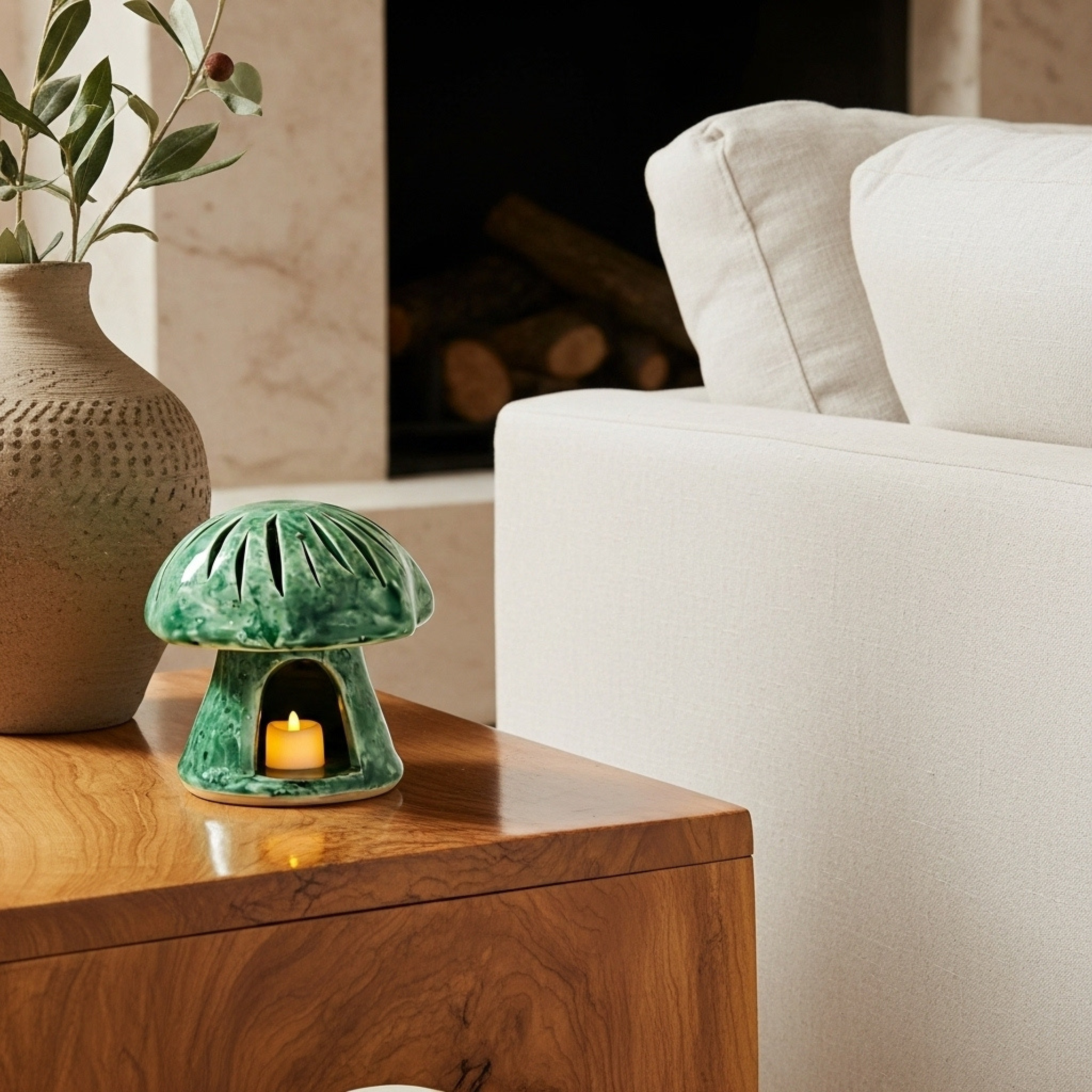 Cache-bougie Champignon en Céramique – Vert Émaillé Tunisien
