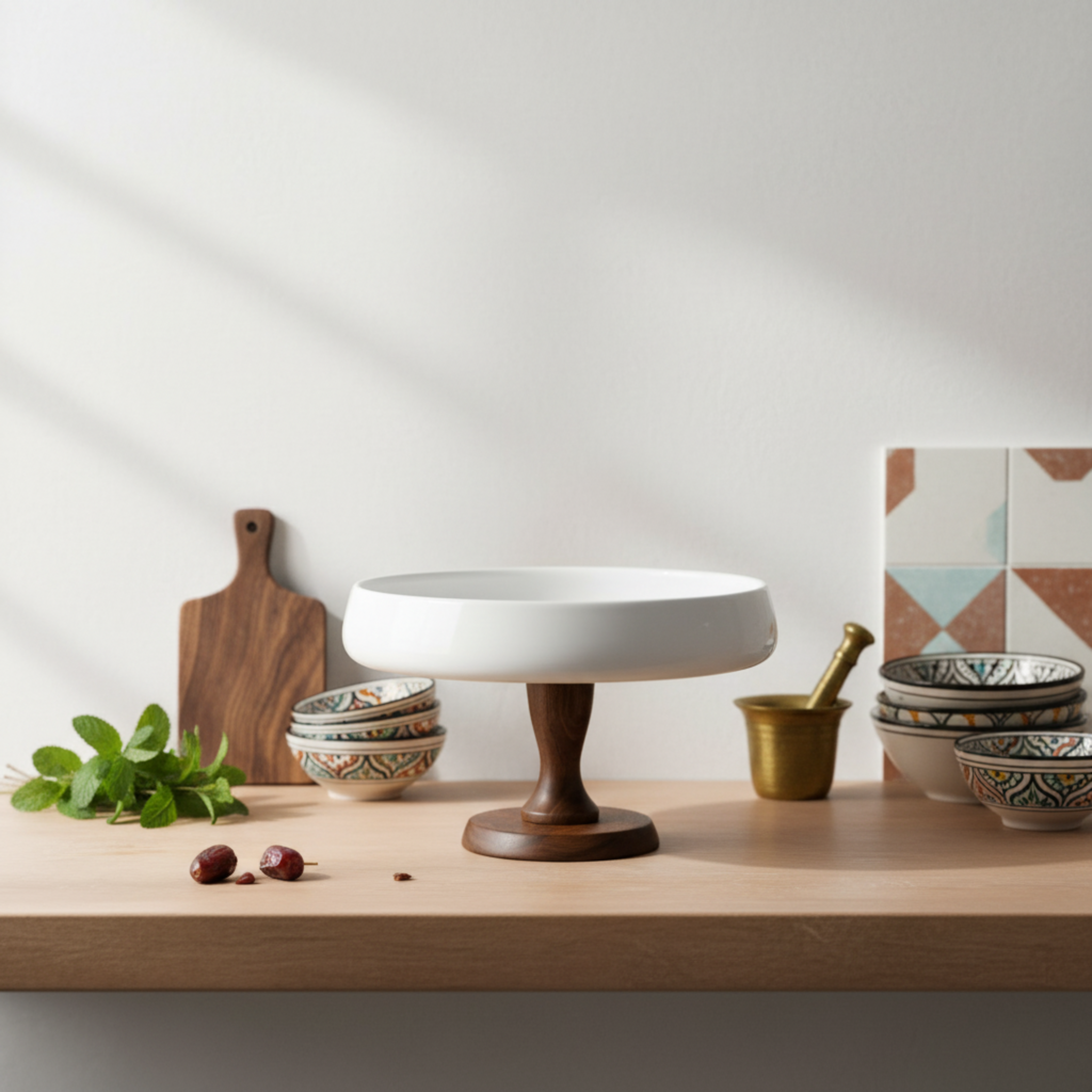 Présentoir sur Pied Design – Céramique Blanche & Bois Massif