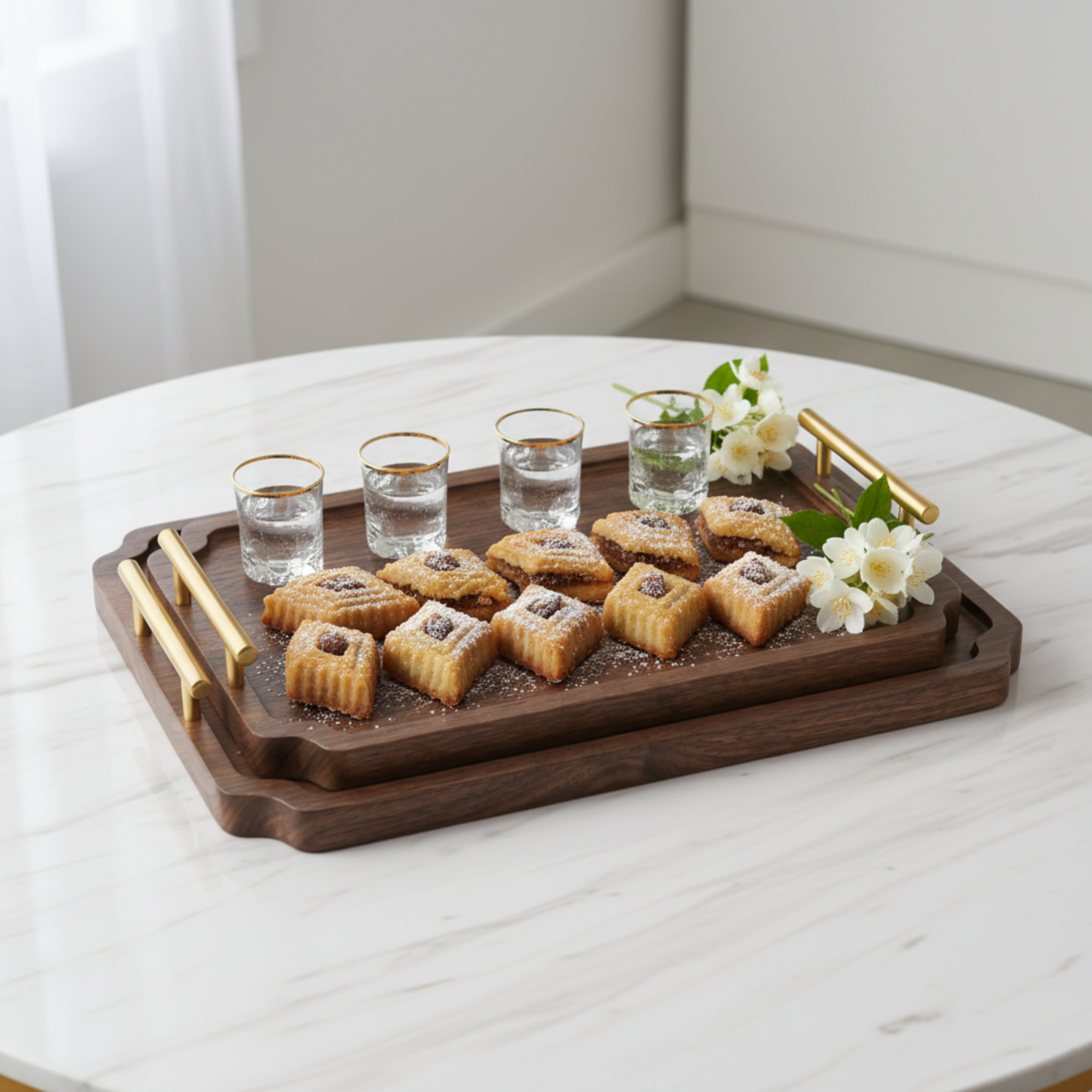 Lot de 2 Plateaux de Service en Bois & Poignées Dorées – Design Chic