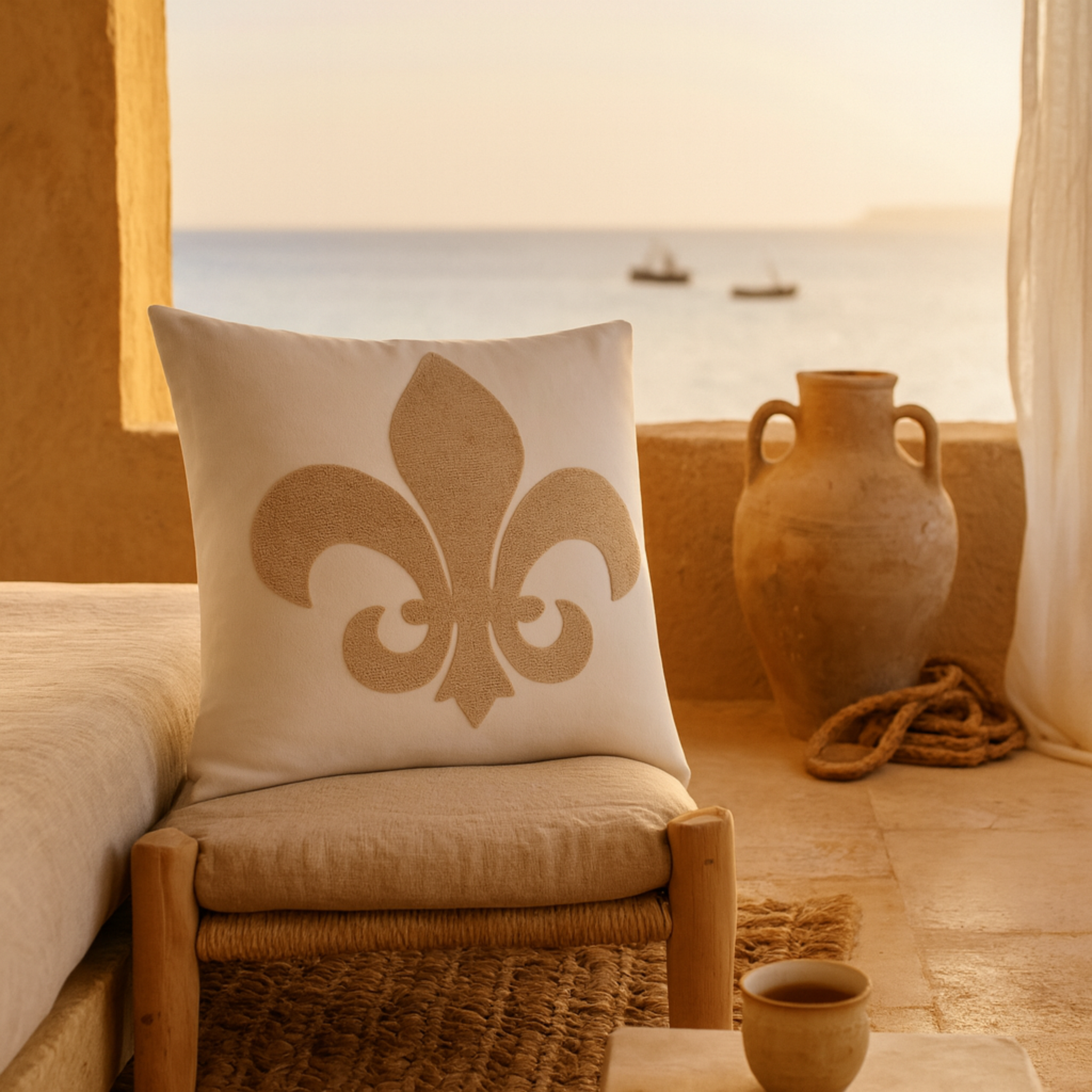 Coussin Fleur de Lys Beige – Élégance Classique | Fiolla Home Tunisie