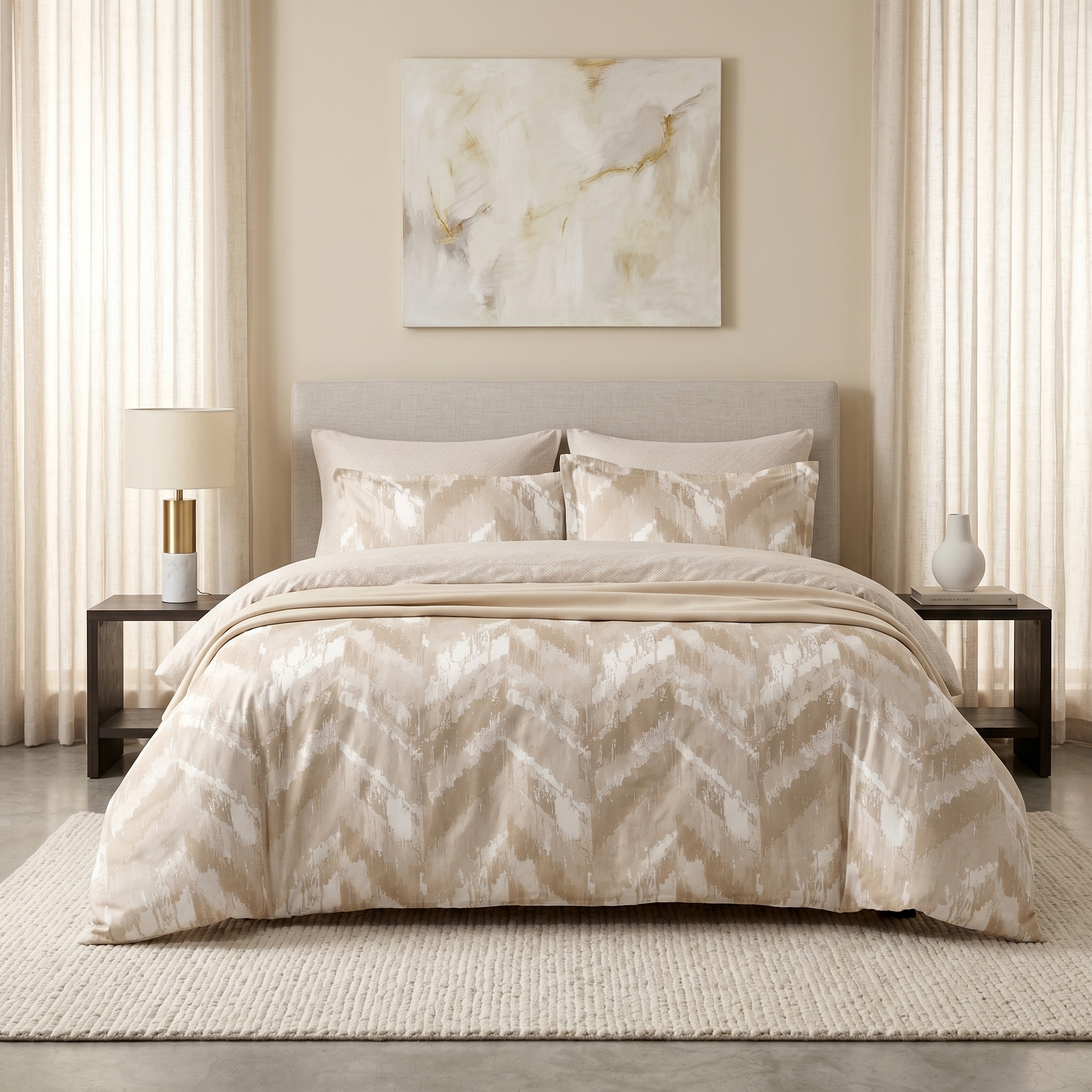 Ensemble Parure de Lit Satin Coton Motif Chevron Ikat Beige | Fiolla Home