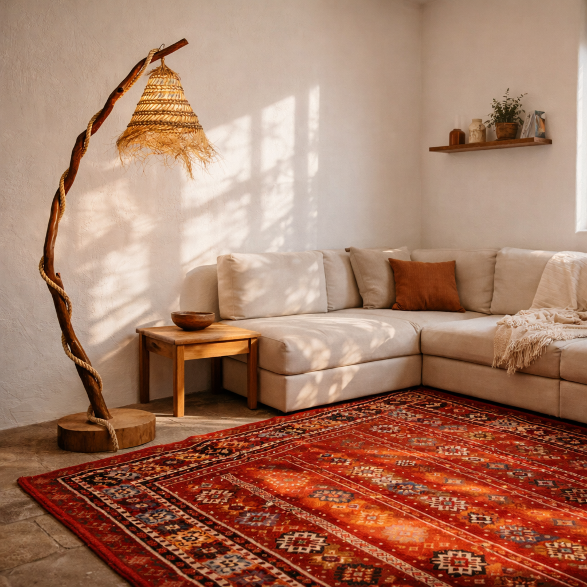 Lampadaire Bois Flotté & Corde Style Bohème - Déco Salon Tunisie