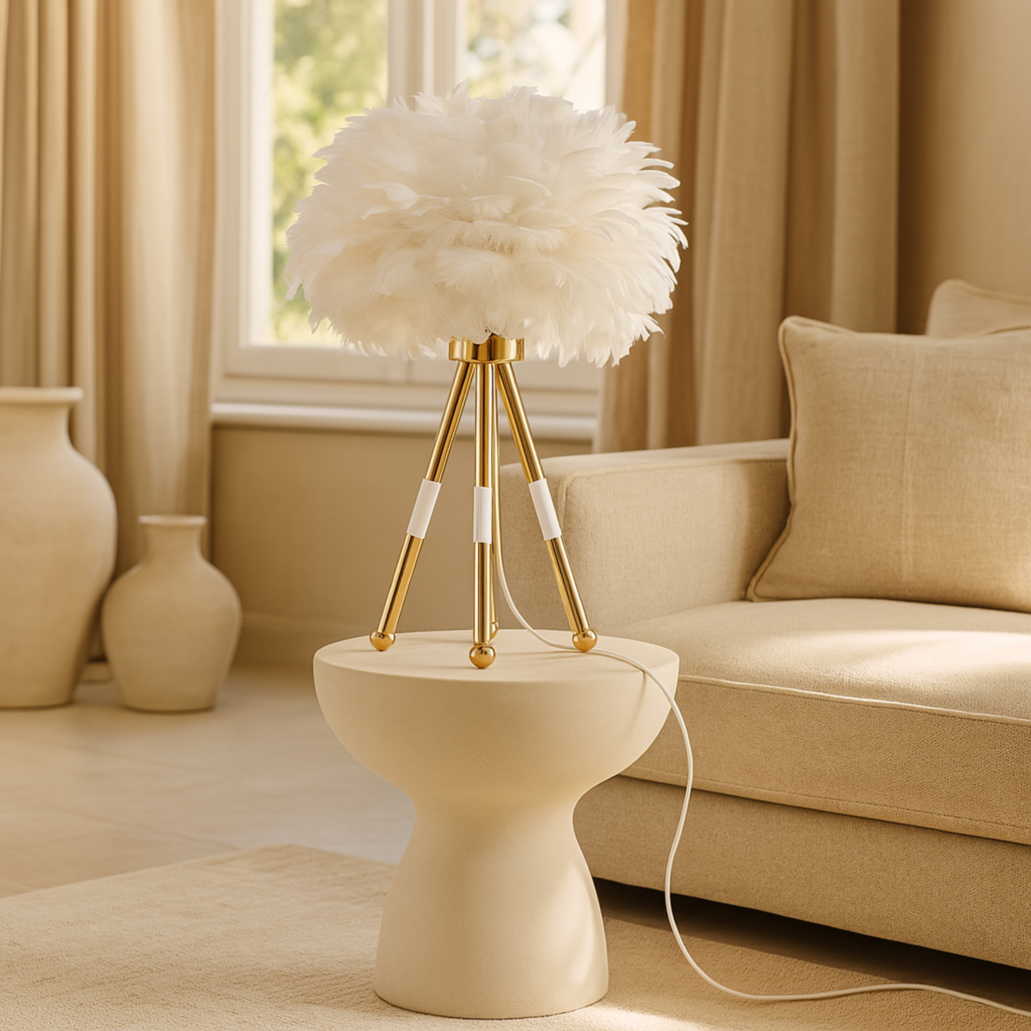 Lampe à Plumes Tripode Blanc et Doré – Design Bohème Chic