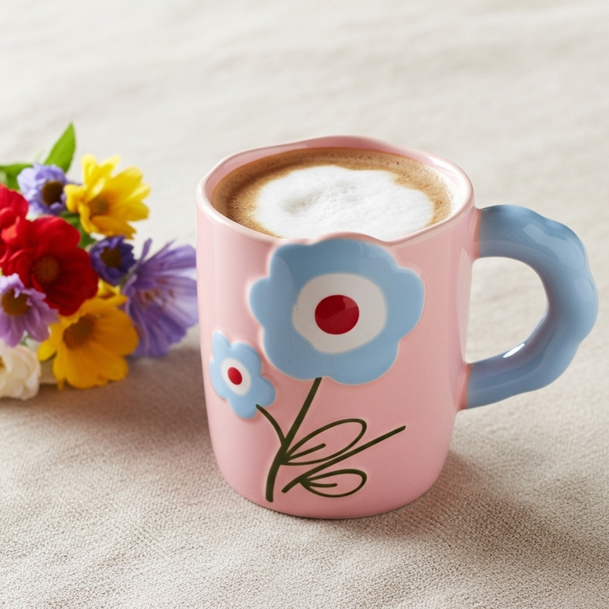 Mug rose motif fleurs – Idée cadeau café/thé Tunisie