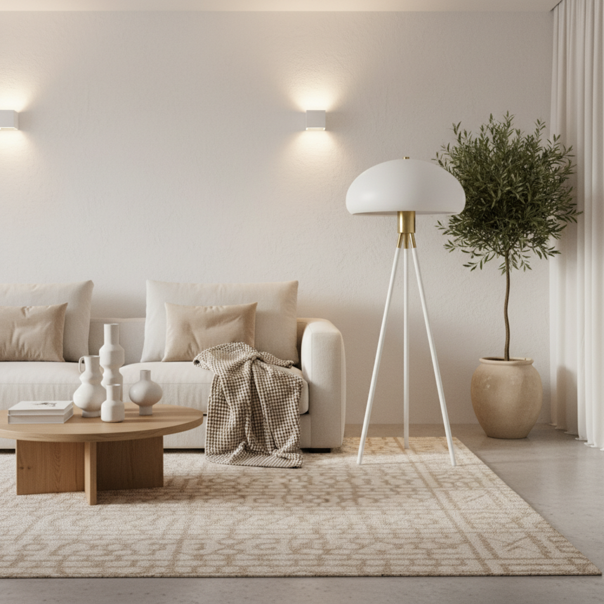 Lampadaire Trépied Design Blanc & Doré – Éclairage Scandi-Chic Tunisie