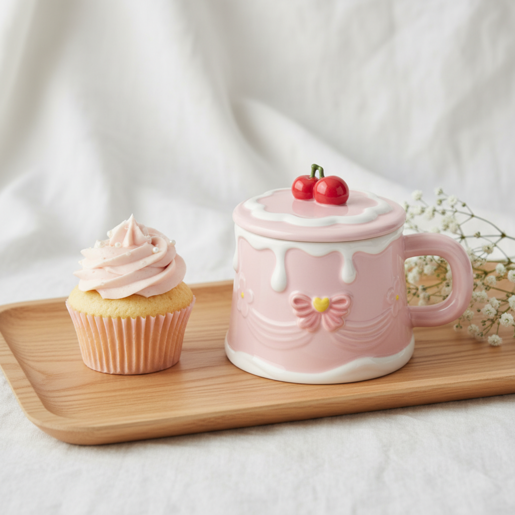 Mug Gâteau Rose Pastel avec Couvercle Cerise – Style Coquette & Cadeau