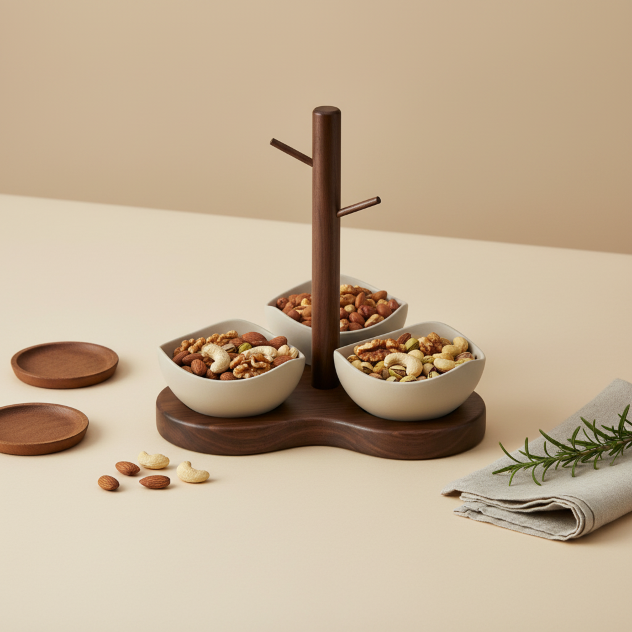 Service Apéritif Design Bois & 3 Bols Céramique – Élégance Naturelle