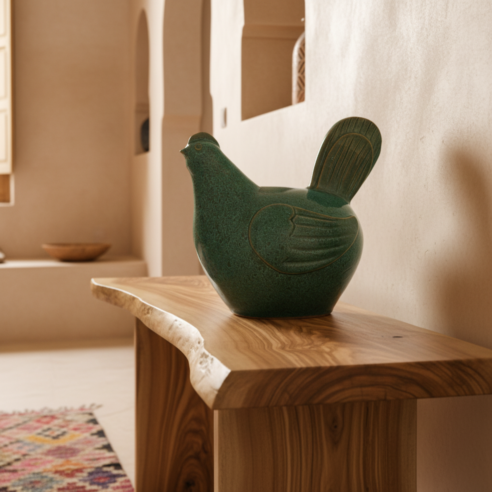 Sculpture Poule en Céramique – Émail Émeraude Tunisien