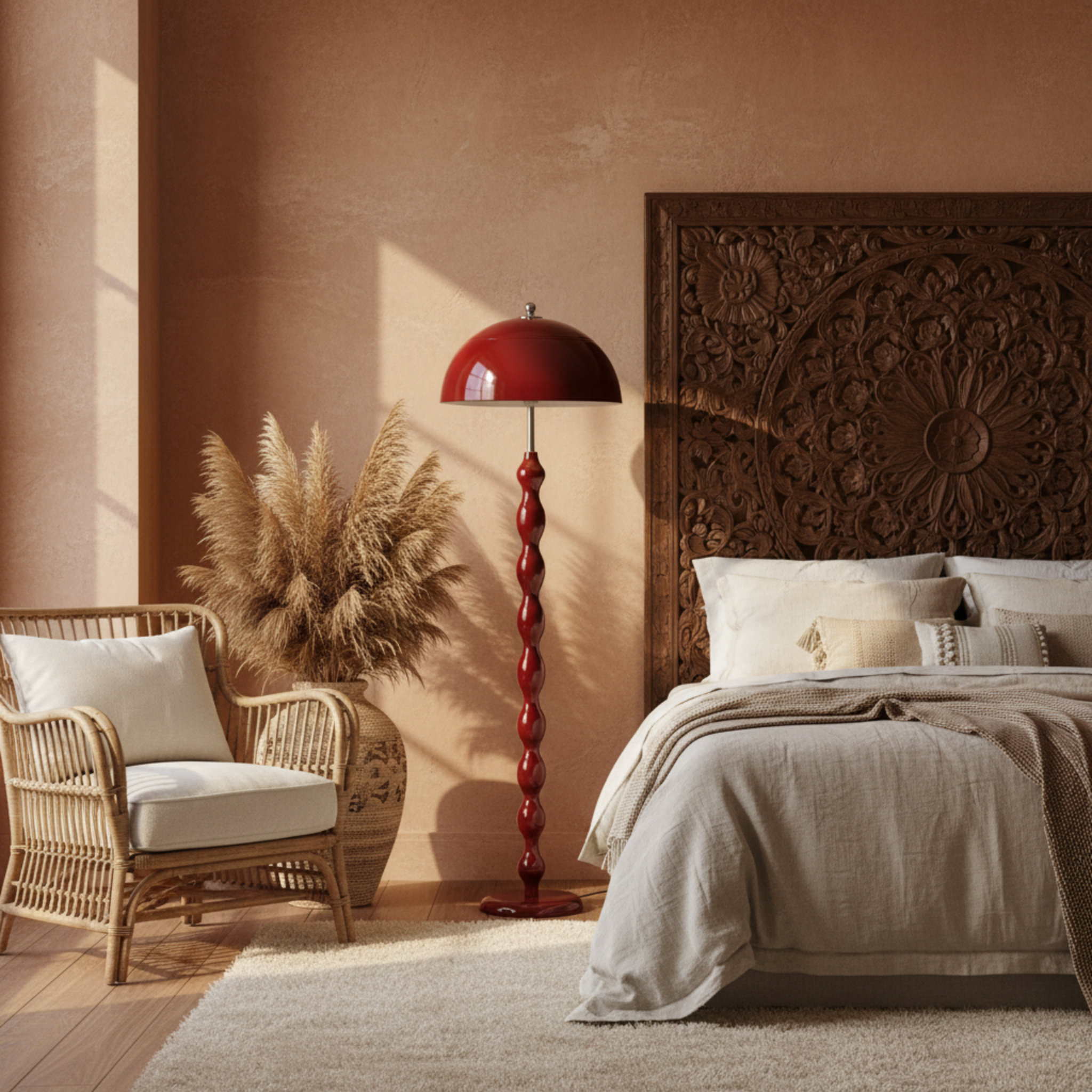 Lampadaire Design "Totem" Rouge Laqué | Luminaire Salon & Décoration Bohème Tunisie