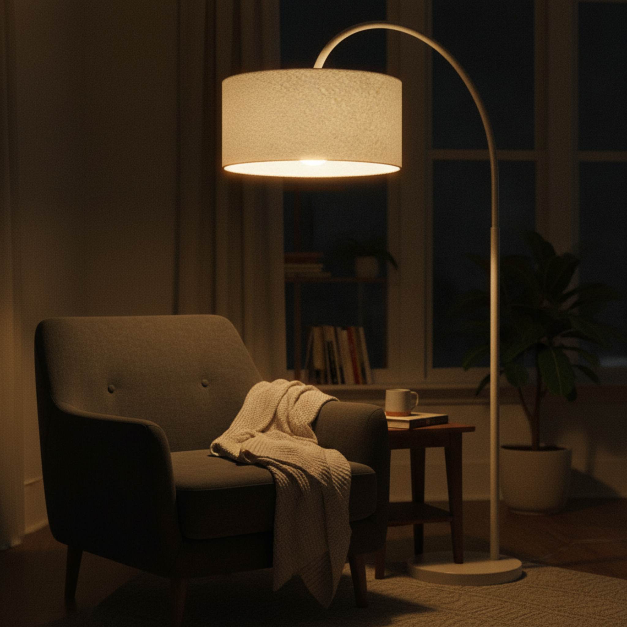 Lampadaire Arc Design en Tissu Bouclette Grège – Élégance Tunisie