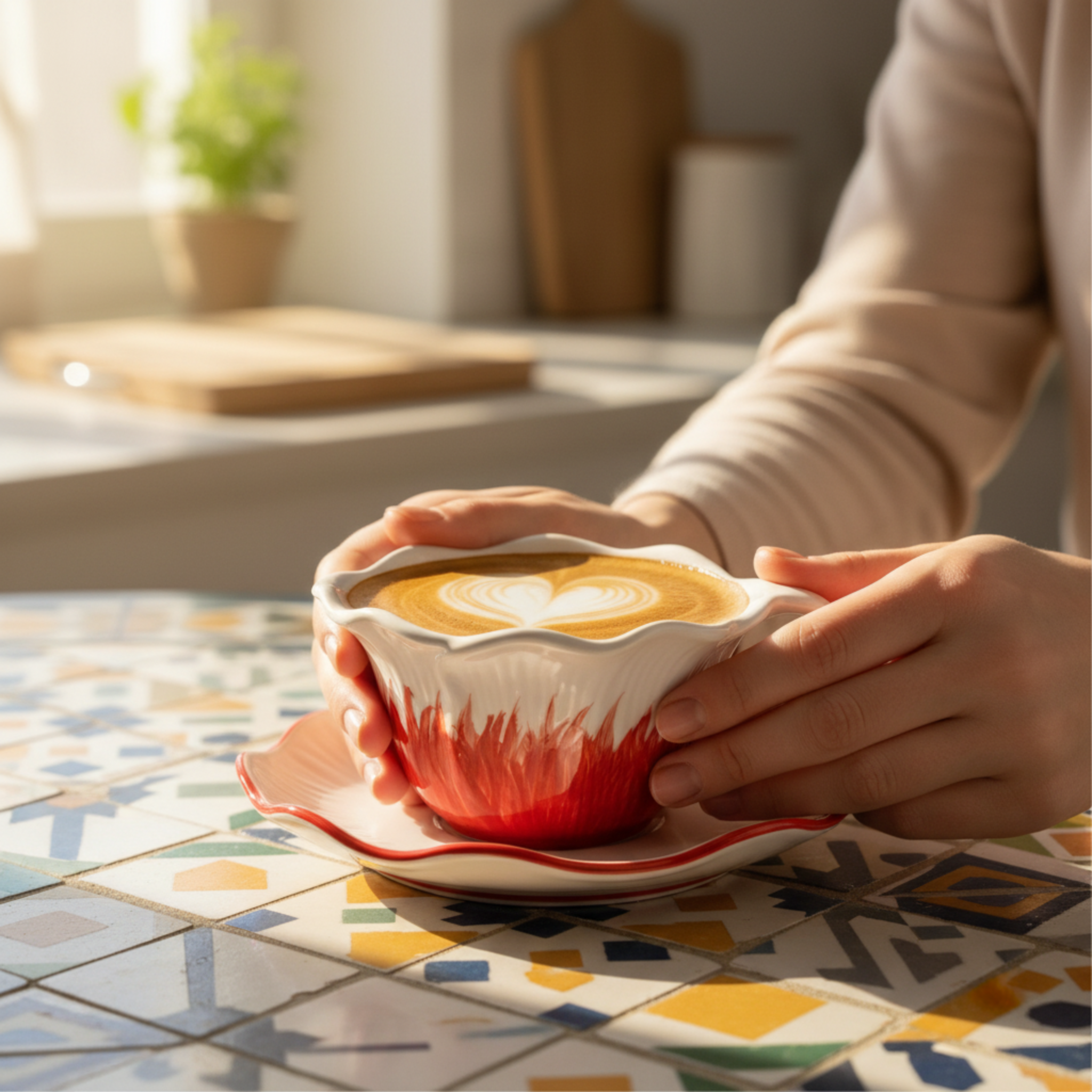 Tasse à Café Design "Pétale Rouge" en Céramique avec Soucoupe