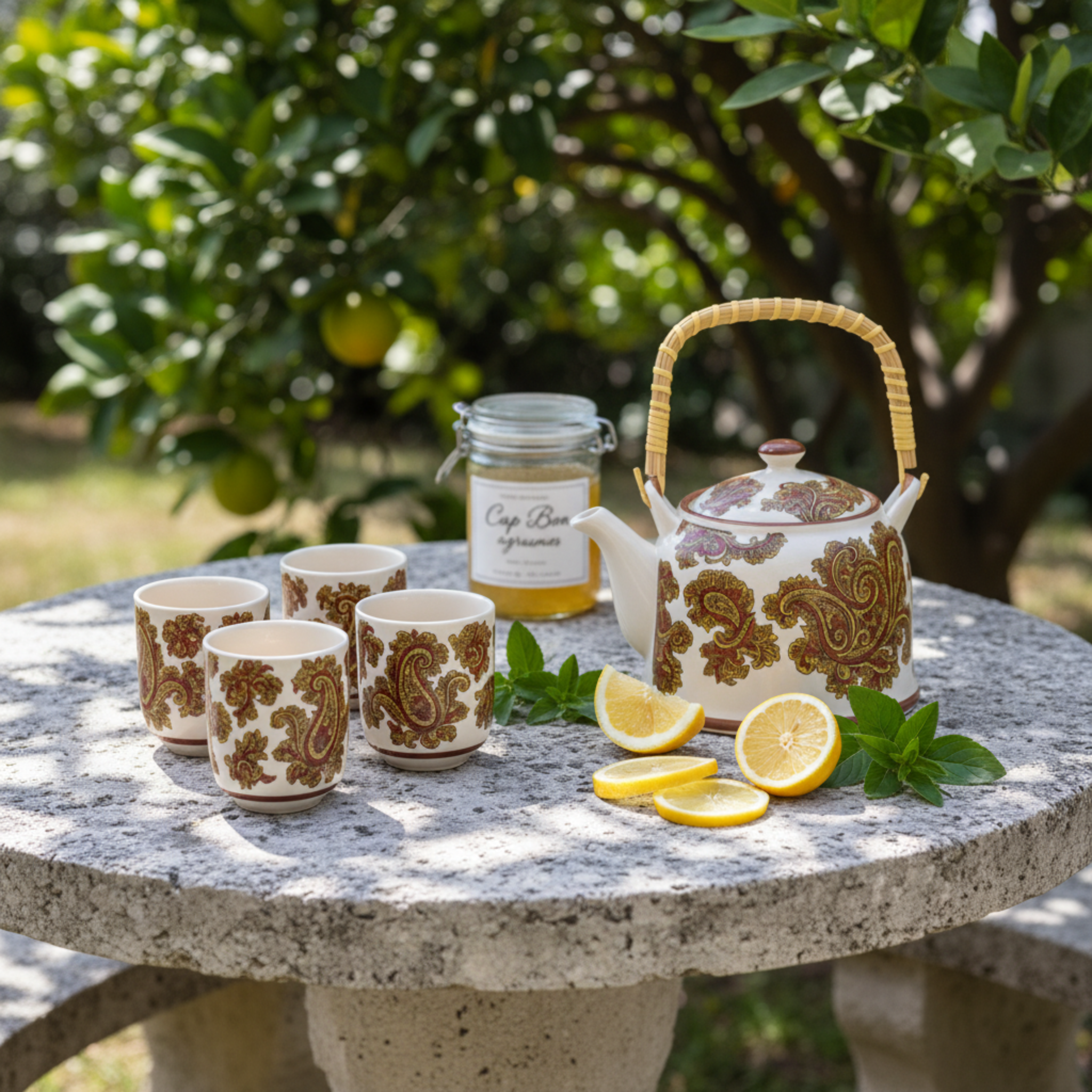 Service à Thé Crème Paisley Or-Rouge – Céramique 7 pièces