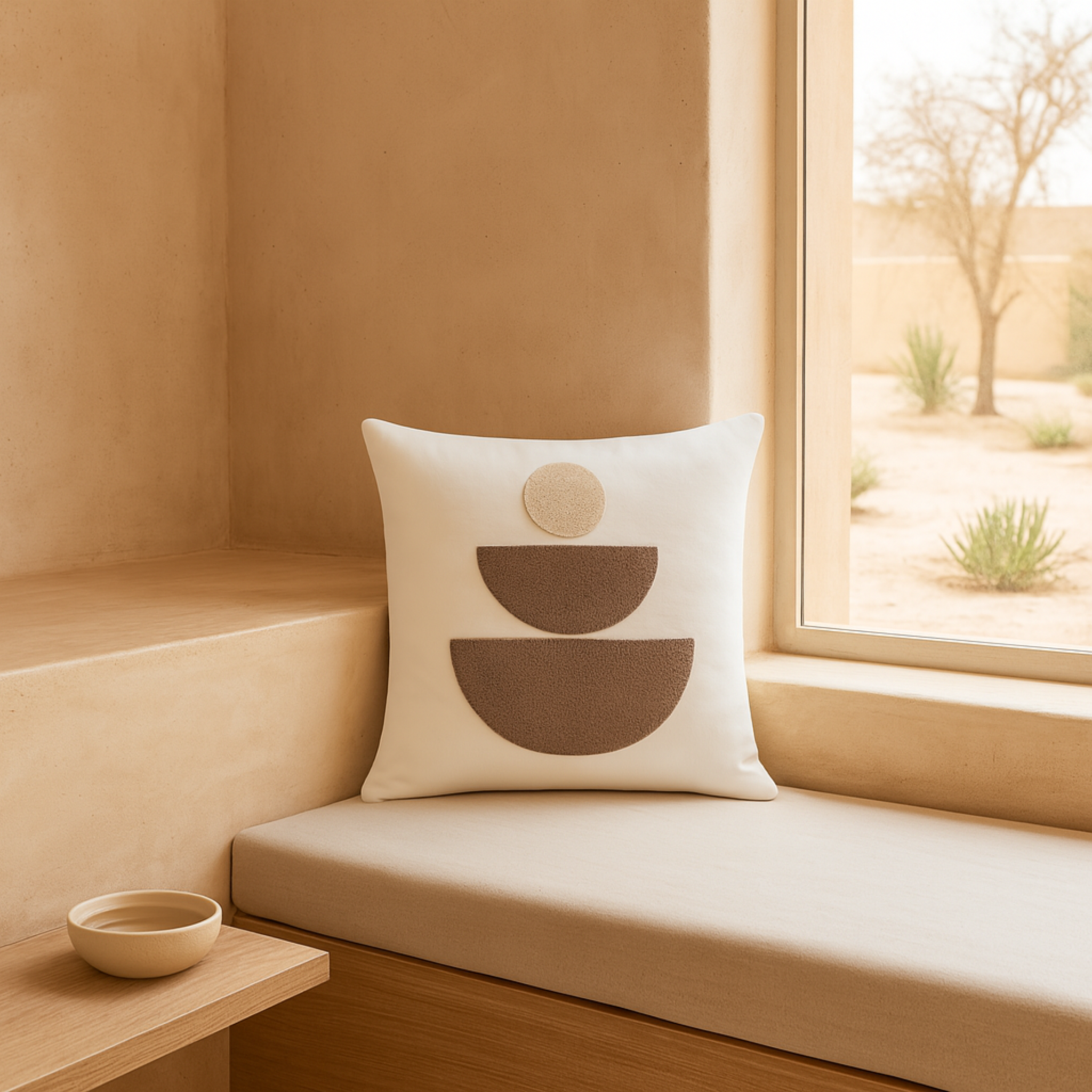 Coussin Géométrique Beige Tunisie – Motif Totem Minimal | Fiolla Home