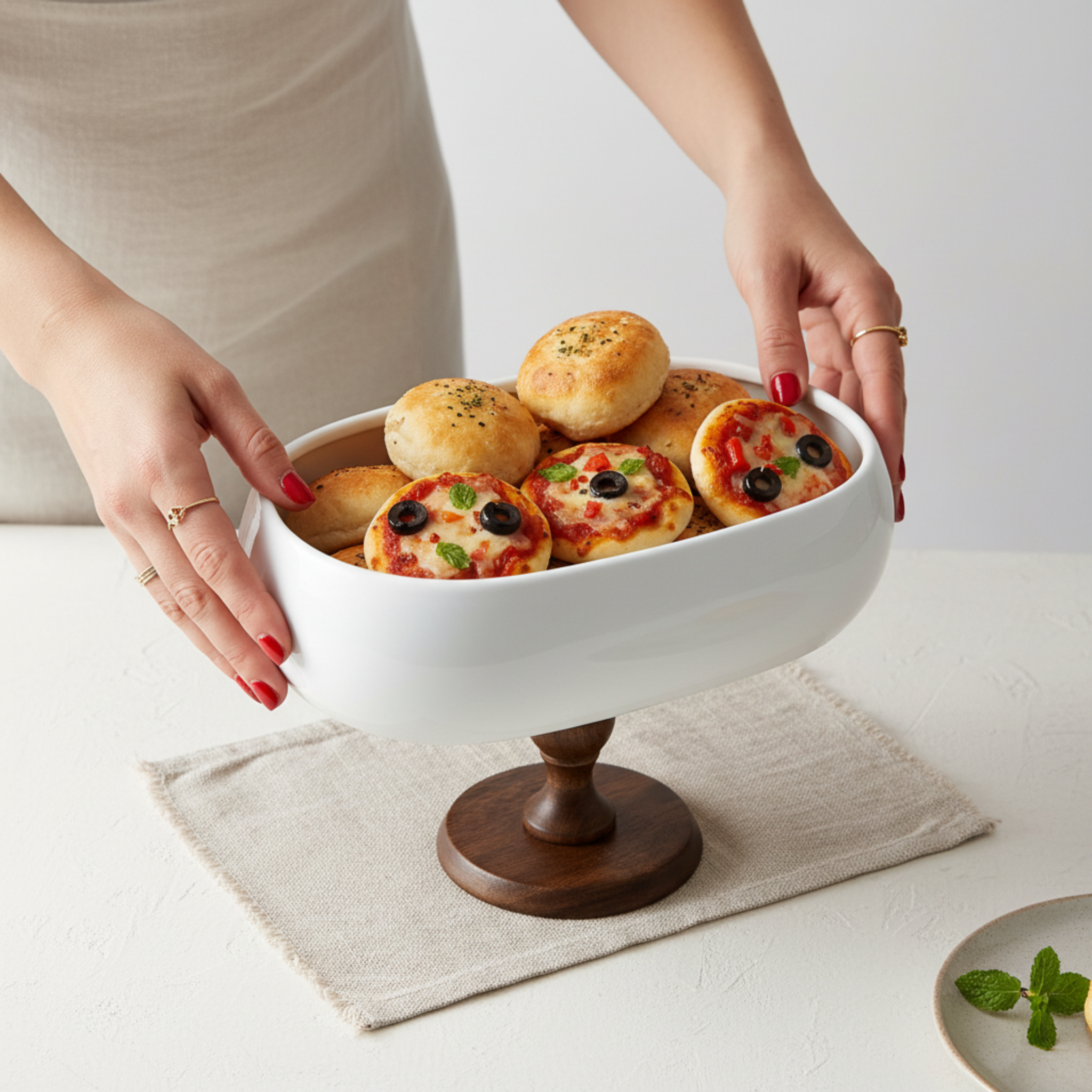 Coupe sur Pied Design – Présentoir Ovale Céramique Blanche & Bois