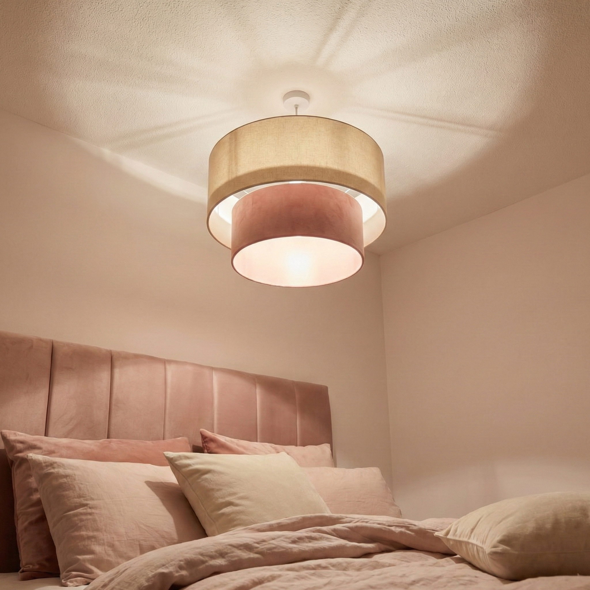 Suspension Double Abat-Jour Beige & Vieux Rose - Lustre Moderne Tunisie