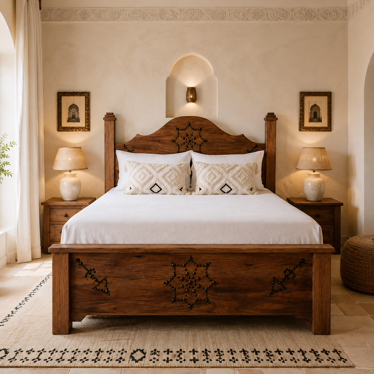 Lit Double Bois Palmier Dattier Clous Forgés 160x190 Tunisie | Fiolla Home