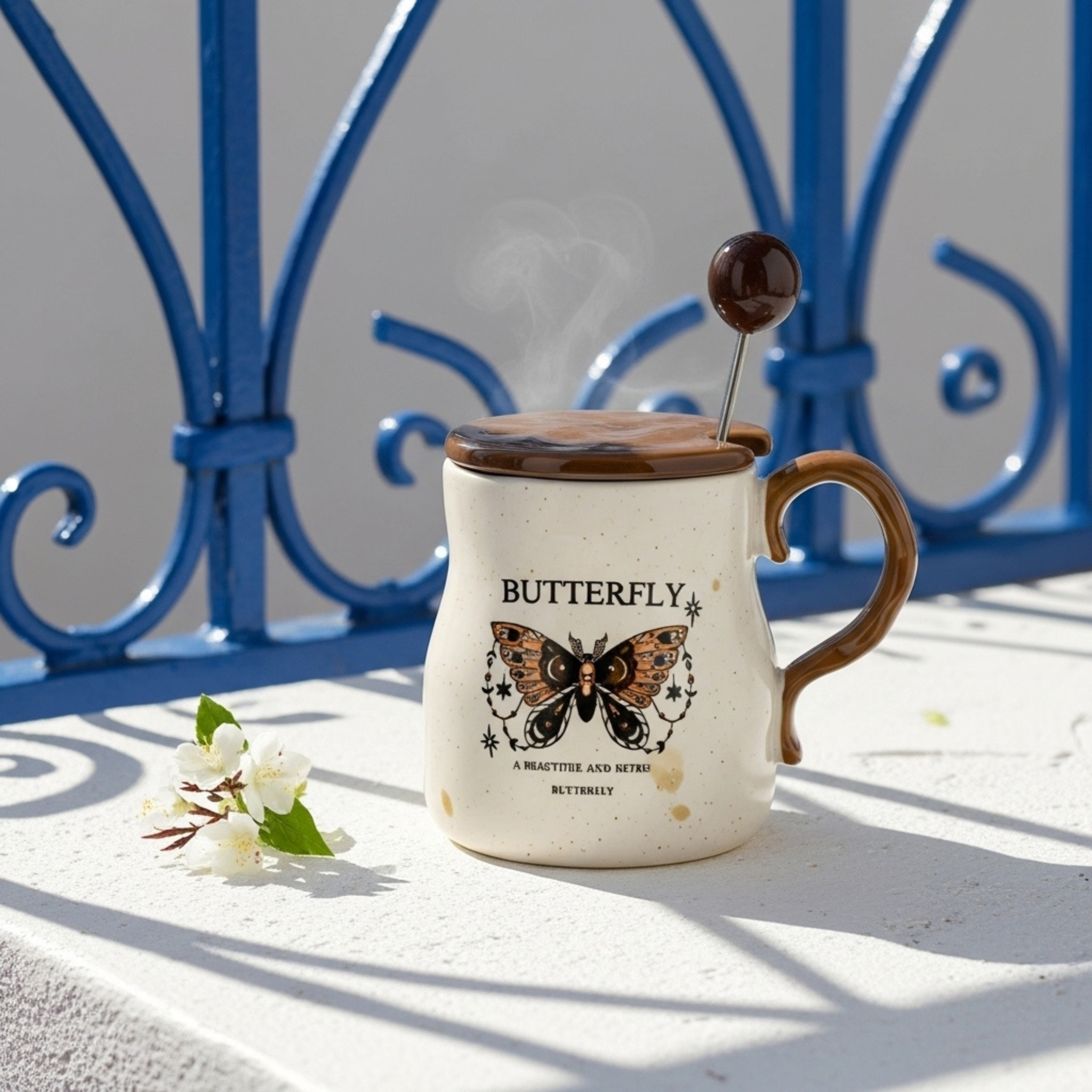 Mug Butterfly Rétro en Céramique – Couvercle & Cuillère