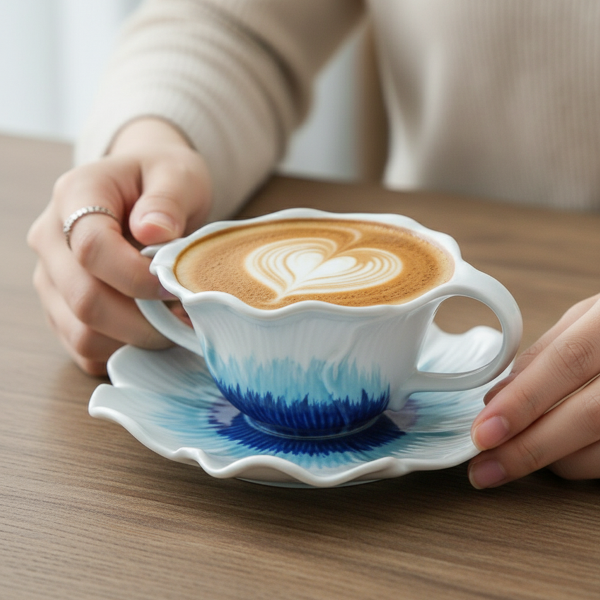 Tasse & Soucoupe Design Fleur Bleu Océan - Céramique Tendance & Chic