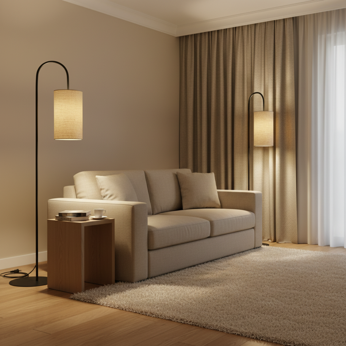 Lampadaire Arc Métal Noir Abat-Jour Lin Beige Design | Fiolla Home